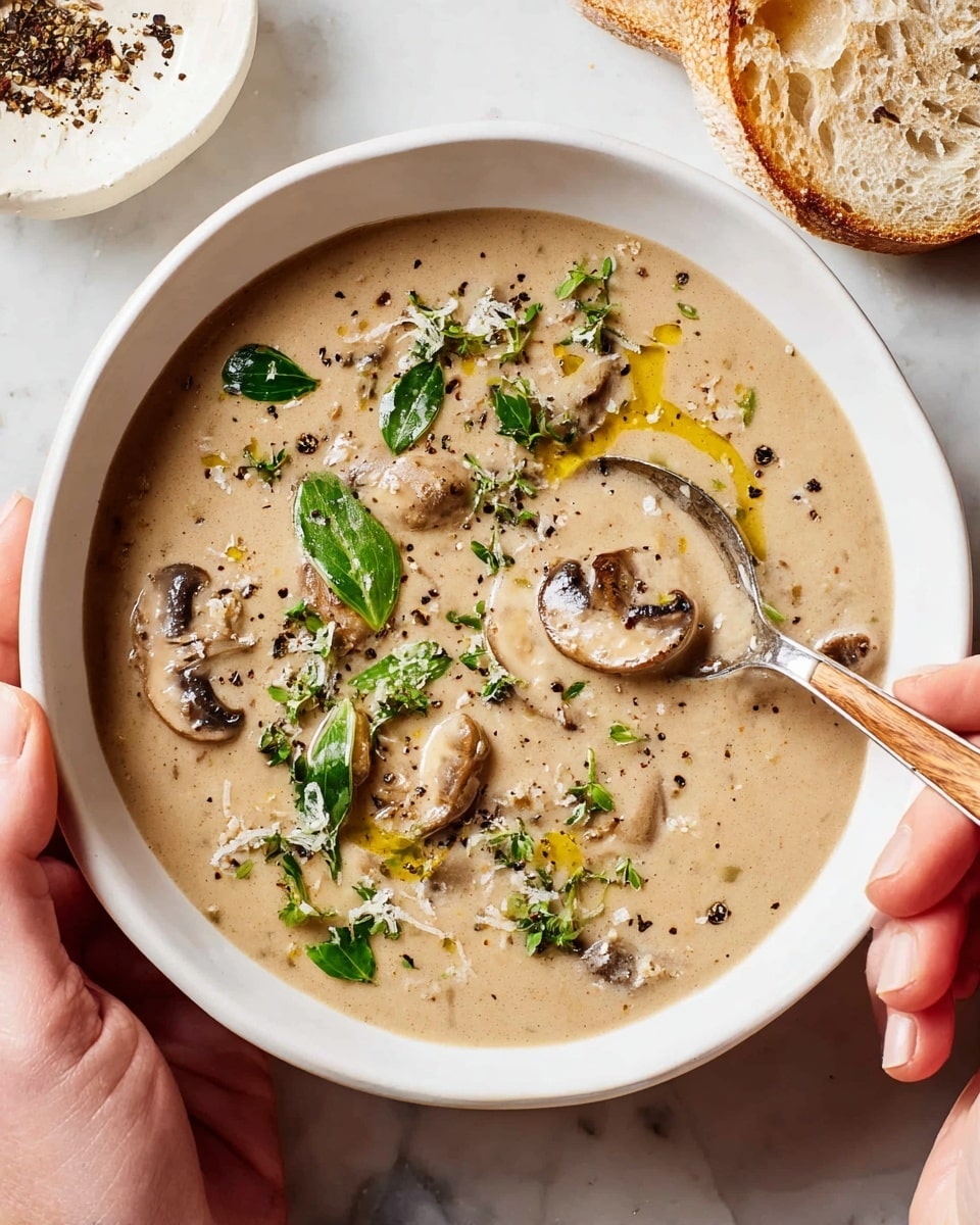 A white bowl filled with creamy mushroom soup showing small mushroom pieces inside a smooth light brown broth, topped with fresh green herb leaves and a drizzle of golden oil, black pepper flakes are scattered on top, a woman's hand holds the edge of the bowl on the left side while another woman's hand holds a spoon with a wooden handle scooping some soup on the right side, everything is set on a white marbled surface photo taken with an iphone --ar 4:5 --v 7