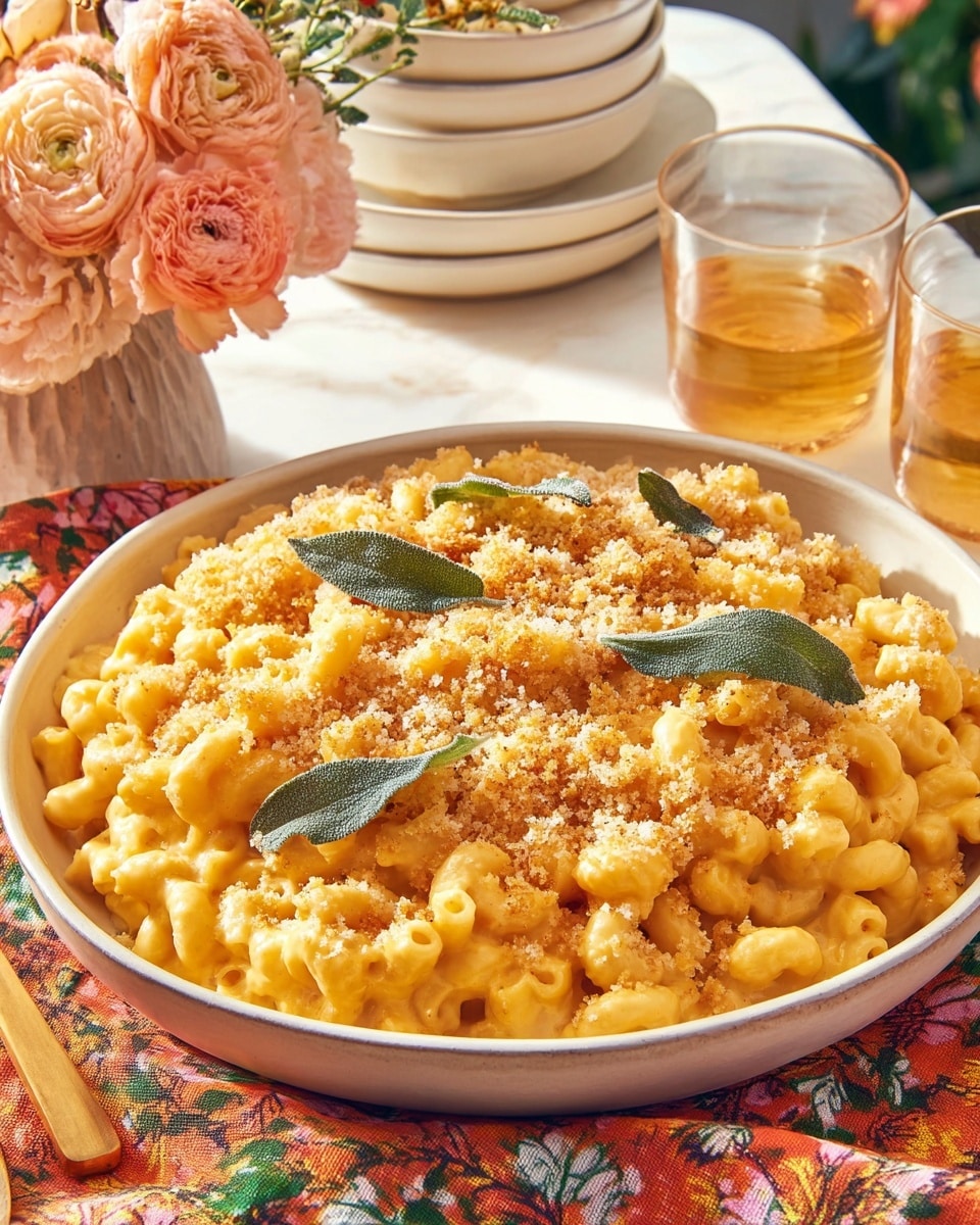 A large white bowl is filled with a creamy, light orange macaroni mixture made from spiral pasta coated in cheese sauce. The top layer is sprinkled evenly with fine, light brown breadcrumbs and garnished with a few fresh green sage leaves spread across. The bowl sits on a colorful floral cloth with orange, blue, and white flowers. Nearby are two wooden-handled forks resting on the cloth and a vase with orange and pink flowers. In the background, two clear glasses with a light amber drink sit on a white marbled surface, with stacked white bowls to the right. Photo taken with an iphone --ar 4:5 --v 7