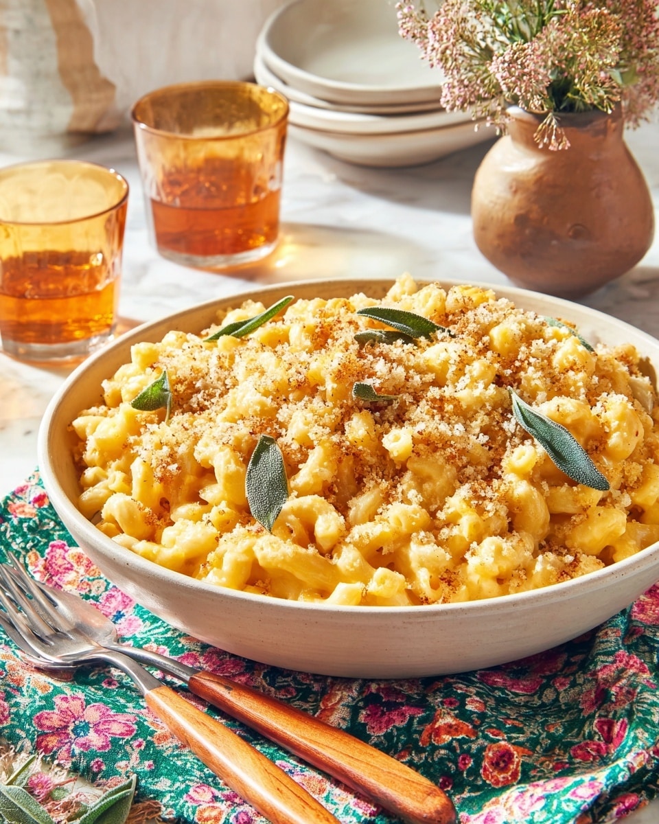 A large bowl filled with creamy orange macaroni and cheese, topped with a light layer of crispy golden breadcrumbs and a few fried green herb leaves scattered on top; the bowl is white, sitting on a colorful floral cloth with a pair of wooden-handled forks in front. Behind the bowl, there are two clear glasses filled with an amber liquid and a stack of white bowls. The setting is on a white marbled surface with soft, natural lighting. photo taken with an iphone --ar 4:5 --v 7