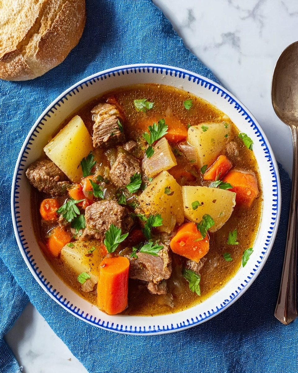 A white bowl with blue dotted lines around the inside holds a stew with three main layers: tender chunks of brown meat scattered throughout, chunky orange carrot pieces, and thick slices of light yellow potato, all in a rich brown broth with visible small bits of onion. Bright green parsley leaves are placed on top adding fresh color. The bowl sits on a blue cloth, with a piece of round bread to the upper left and a spoon to the right on a white marbled surface. The photo taken with an iphone --ar 4:5 --v 7