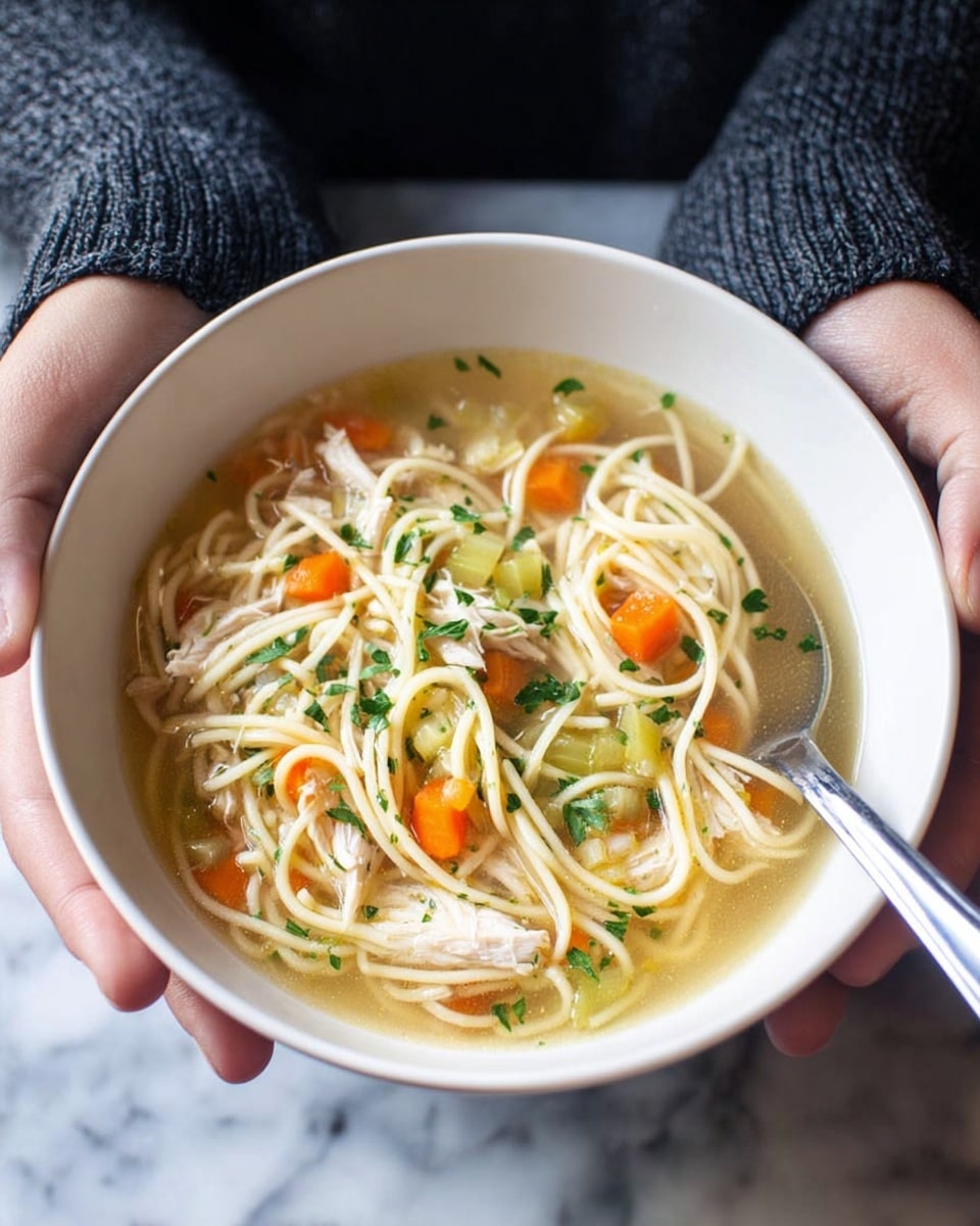 A bowl of noodle soup is shown being held by woman's hands, the noodles are light yellow and layered with small orange carrot pieces, pale green celery slices, and bits of white shredded chicken mixed evenly throughout. The broth is clear with a light golden hue, and some green parsley leaves are scattered on top for color. A silver spoon rests inside the white bowl, dipping slightly into the broth on the right side. The person holding the bowl wears a dark gray sweater, and the background is a soft white marbled texture. Photo taken with an iphone --ar 4:5 --v 7