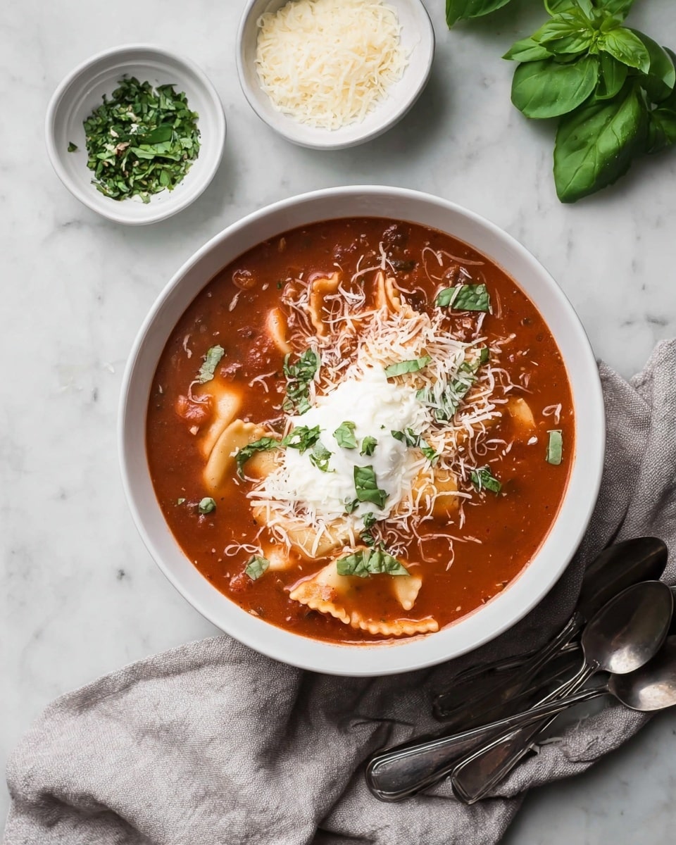A white bowl filled with a thick, red tomato soup showing visible pieces of large pasta sheets partly submerged within; on top, there is a dollop of smooth white cream, scattered shredded white cheese, and small pieces of fresh green basil leaves. Around the bowl, on a white marbled surface, lies a gray cloth, a fresh green basil leaf, and two silver spoons placed side by side. Nearby, a small white bowl holds chopped green herbs and a brown bowl contains finely grated white cheese with a small spoon inside, photo taken with an iphone --ar 4:5 --v 7