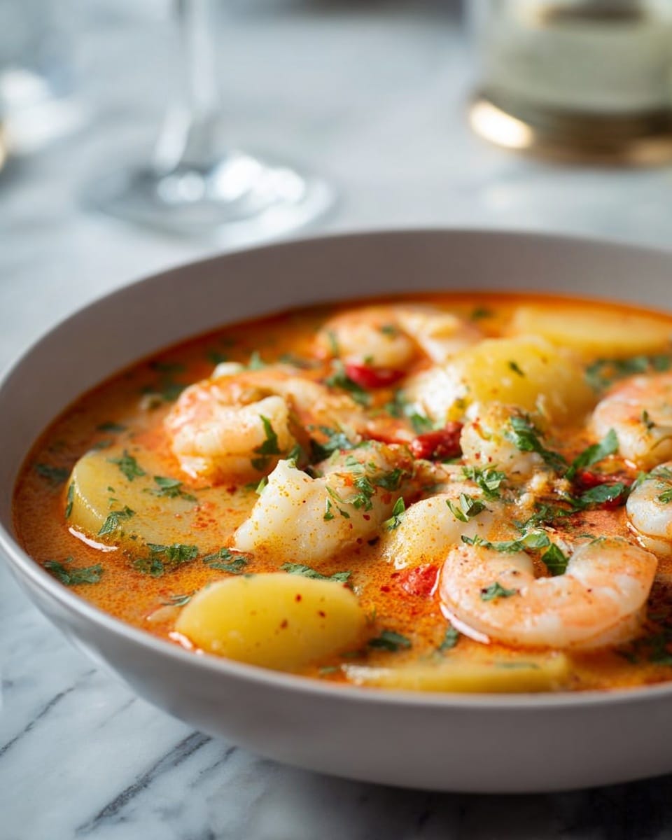 A close-up view of a white bowl filled with a shrimp stew, showing plump pink shrimp, chunks of yellow potatoes, and white fish pieces in a rich, orange-red broth. The stew has visible bits of green herbs scattered on top and some red pepper flakes. The bowl sits on a white marbled surface, with a glass and a cup blurred in the background. photo taken with an iphone --ar 4:5 --v 7