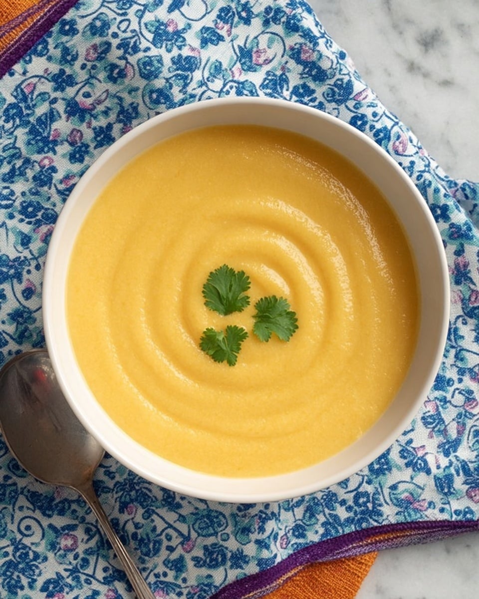 A white bowl filled with smooth orange-yellow creamy soup, with soft circular swirl patterns on the surface, topped with a small sprig of green herb in the center. The bowl sits on a white marbled surface, partially covered by a white and blue patterned cloth with lace-like floral designs, and a silver spoon resting nearby. photo taken with an iphone --ar 4:5 --v 7