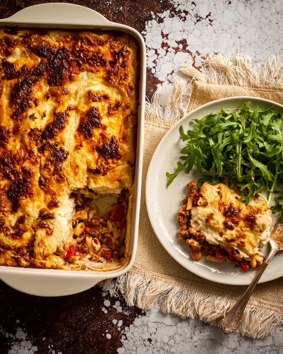 A close-up shows a baked pasta casserole in a white rectangular dish with a golden brown, bubbly cheese layer on top. A piece is scooped out, revealing a middle layer of red tomato sauce with pasta and brown ground meat beneath the cheese. On the right, a serving is plated on a white speckled round plate with a side of green leafy salad. The background is a dark, textured surface with a white marbled texture underneath the plates. The photo taken with an iphone --ar 4:5 --v 7