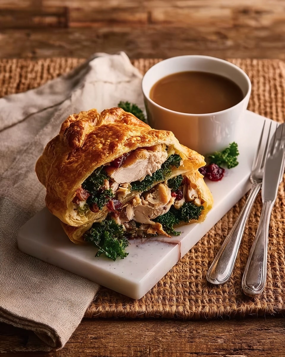 A golden-brown folded pastry with a crispy texture sits on a white marbled rectangular plate. The pastry is filled with layers including dark green leafy kale, light beige shredded meat, red cranberry sauce, and a crumbly beige stuffing-like layer. Behind the pastry, a small white bowl contains a brown sauce. A beige cloth napkin is placed to the left of the plate, and to the right, a silver fork and knife rest on a woven mat over a wooden surface. photo taken with an iphone --ar 4:5 --v 7