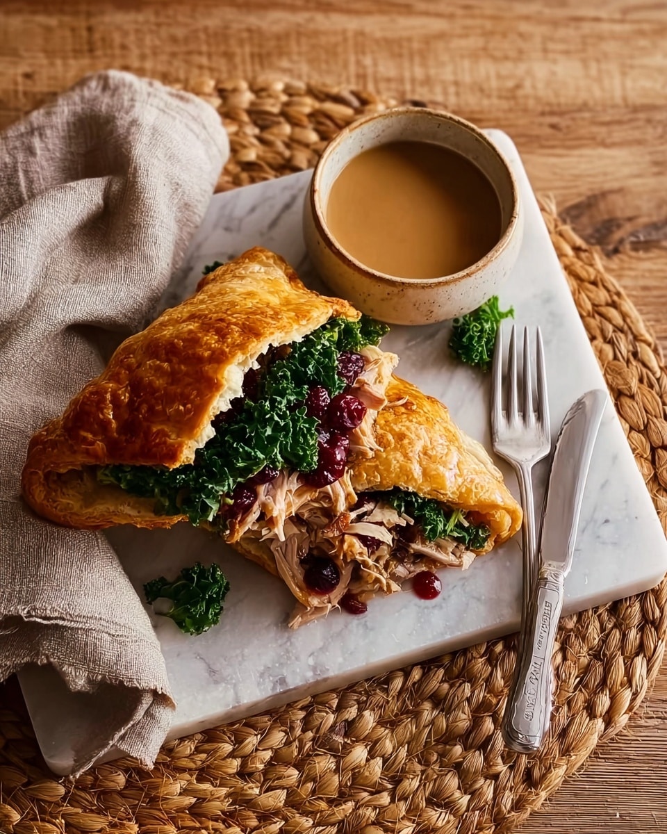 A toasted golden-brown puff pastry pocket is open at one end showing its filling layers: chopped light beige turkey meat on the bottom, dark green leafy kale in the middle, and a bright red cranberry sauce mixed with crumbly stuffing on top. The pastry and filling rest on a white marble rectangle plate with a small beige bowl of brown gravy placed behind it. To the right of the plate, a silver fork and knife lie crossed on a woven natural mat, and a beige cloth napkin is folded on the left side. The background is a rustic wooden table. Photo taken with an iphone --ar 4:5 --v 7