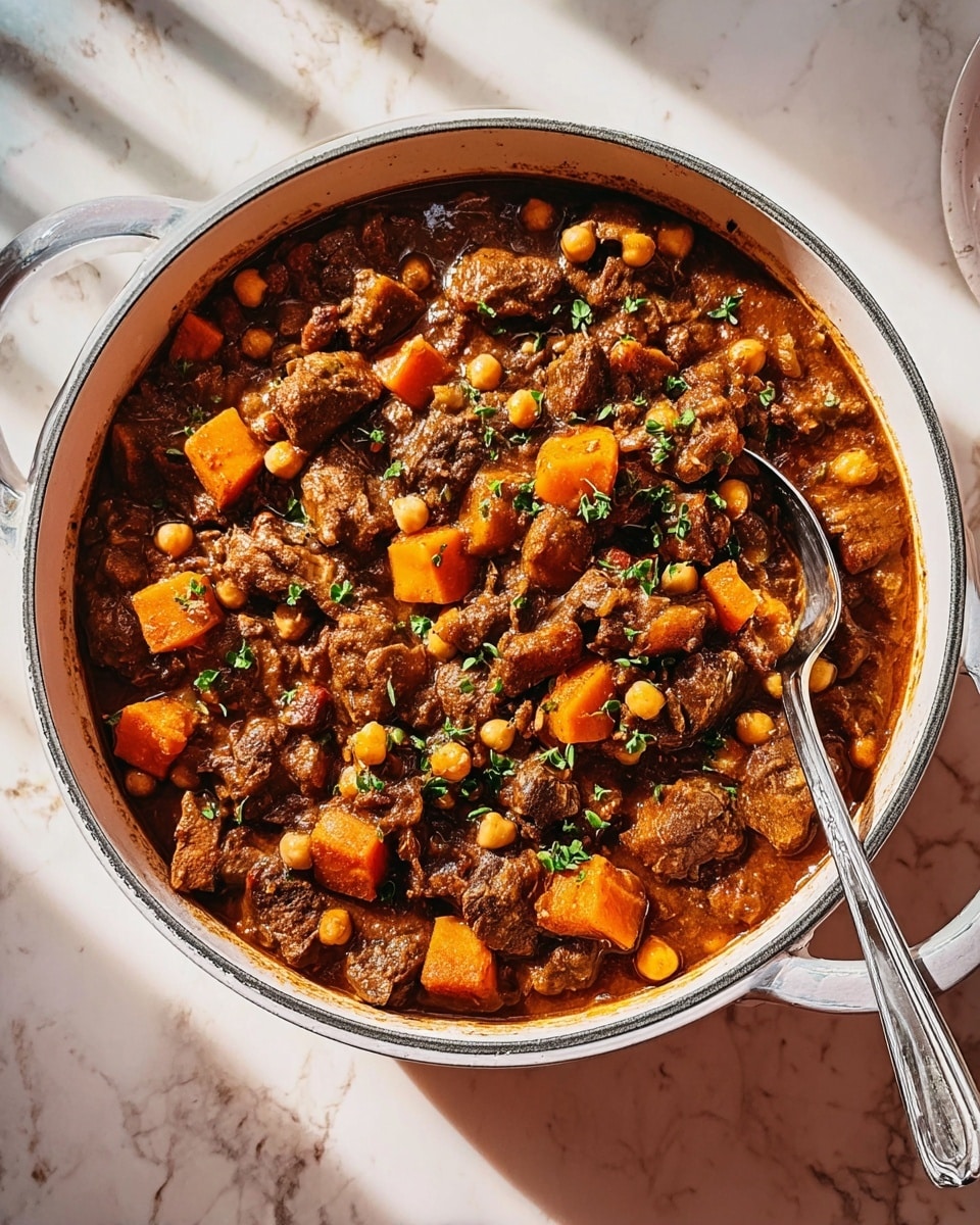 A white round pot filled with a thick stew made of chunky pieces of meat, whole chickpeas, and diced orange carrots, all mixed with soft yellow potato chunks in a rich brown sauce. Small green herb pieces are sprinkled on top for color contrast. A metal spoon rests inside the pot, partially submerged in the stew. The pot sits on a white marbled surface with some sunlight casting a shadow nearby. photo taken with an iphone --ar 4:5 --v 7