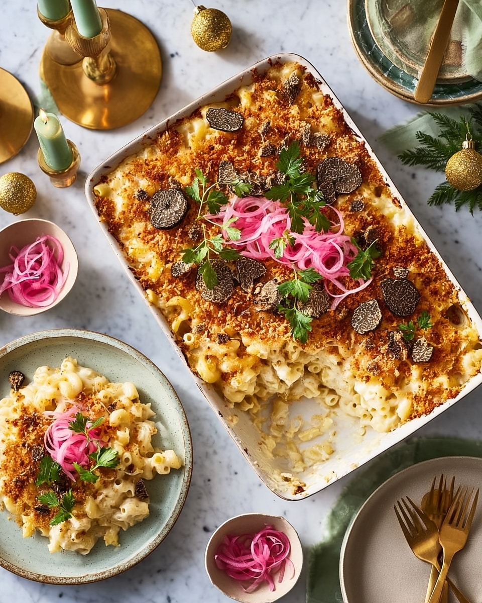 The image shows a rectangular white baking dish filled with a creamy macaroni and cheese with a golden brown crispy top layer. The top is garnished with thinly sliced black truffle pieces, curly pink pickled onions, and fresh green cilantro leaves scattered around. Next to the baking dish is a white round plate holding a serving of the macaroni and cheese. The plate has the same toppings: pink pickled onions and green cilantro on top of the cheesy noodles with a golden crust. Around the dish and plate are small bowls, one holding extra black truffle slices and the other with more pink pickled onions and cilantro. The setting is on a white marbled surface with decorative greenery, a green candle holder, and pears around. Photo taken with an iphone --ar 4:5 --v 7