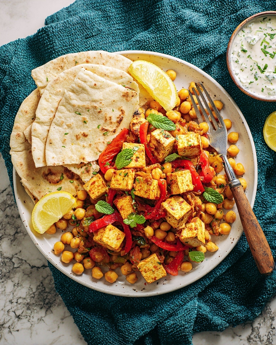 A white plate is filled with a colorful mix of chickpeas, golden brown tofu cubes, and thin red pepper slices, all seasoned and garnished with fresh green mint leaves. On the plate, two folded pieces of flatbread are placed on the left side with another piece at the bottom right, slightly torn. Two lemon wedges sit near the top and bottom edges of the plate. A fork with a wooden handle rests on the right edge of the plate, partly on the food. The plate sits on a teal textured cloth over a white marbled surface. In the top right corner, a white bowl with a green rim holds a creamy sauce with herbs visible inside. Photo taken with an iphone --ar 4:5 --v 7