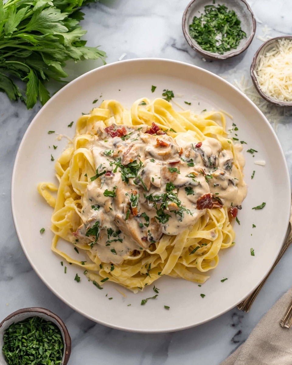 A white plate holds a bed of light yellow fettuccine pasta arranged in a loose pile. On top sits a piece of chicken covered with a creamy light beige sauce mixed with bits of sun-dried tomatoes and green herbs. Some green herb leaves are scattered on top of the sauce and around the edge of the plate. The plate is placed on a white marbled surface with a striped cloth partially visible at the bottom right. In the background, there are small glass bowls containing grated cheese and more chopped green herbs. Photo taken with an iphone --ar 4:5 --v 7