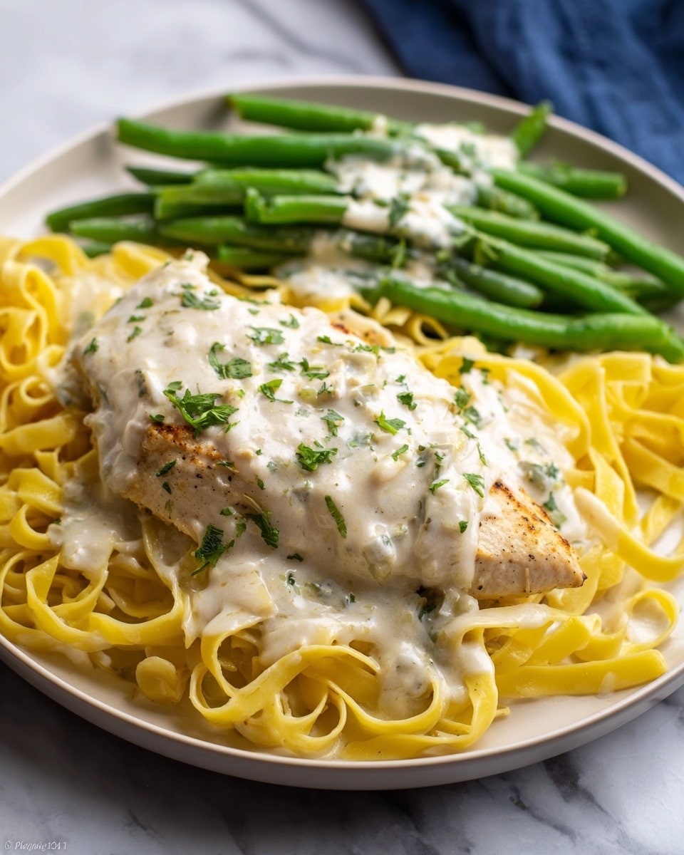 A white plate on a white marbled surface holds a dish with three main layers. The bottom layer is a bed of light yellow fettuccine pasta, coated with a creamy white sauce speckled with green herbs. On top of the pasta is a piece of cooked chicken, light brown with slight grill marks, covered with the same creamy white sauce and sprinkled with small green herb pieces. To one side of the plate, there is a small pile of bright green steamed green beans, also lightly drizzled with the creamy white sauce. The photo was taken with an iphone --ar 4:5 --v 7