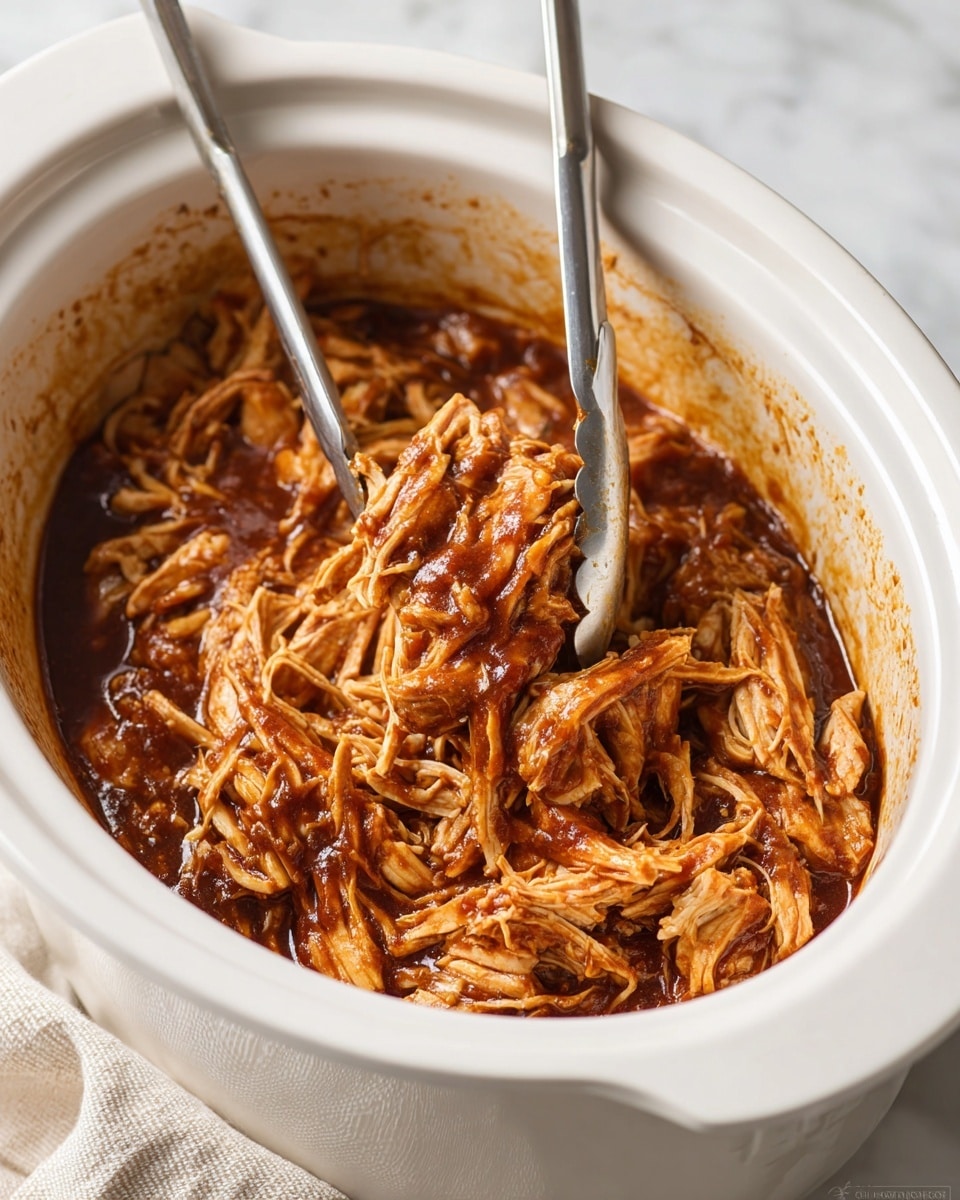 A close-up of a white slow cooker filled with shredded cooked chicken covered in thick brown barbecue sauce, showing a woman's hand holding silver tongs lifting a portion of the juicy, tender chicken in the center; the inside rim of the slow cooker is stained with sauce and it sits on a white marbled surface with a light cloth nearby, photo taken with an iphone --ar 4:5 --v 7