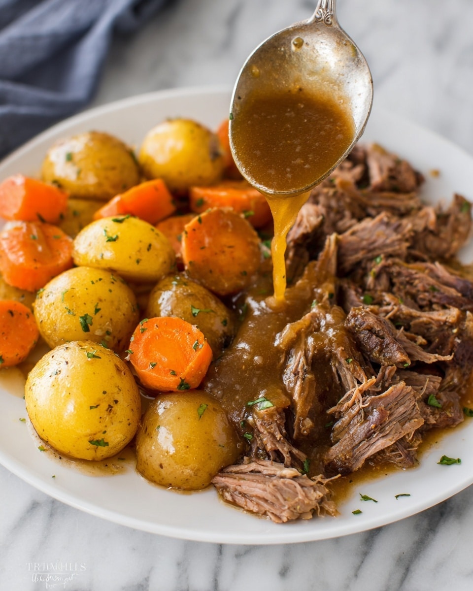 This image shows a white plate with three main layers. The bottom layer is shredded dark brown meat spread across the plate. On top of this meat is a thick, glossy brown gravy being spooned onto the meat from a silver spoon. Beside the meat and gravy are small, round golden potatoes and sliced bright orange carrots, mixed together and also covered lightly with the gravy. Small green herbs are sprinkled over the meat and vegetables. The plate sits on a white marbled surface. Photo taken with an iphone --ar 4:5 --v 7