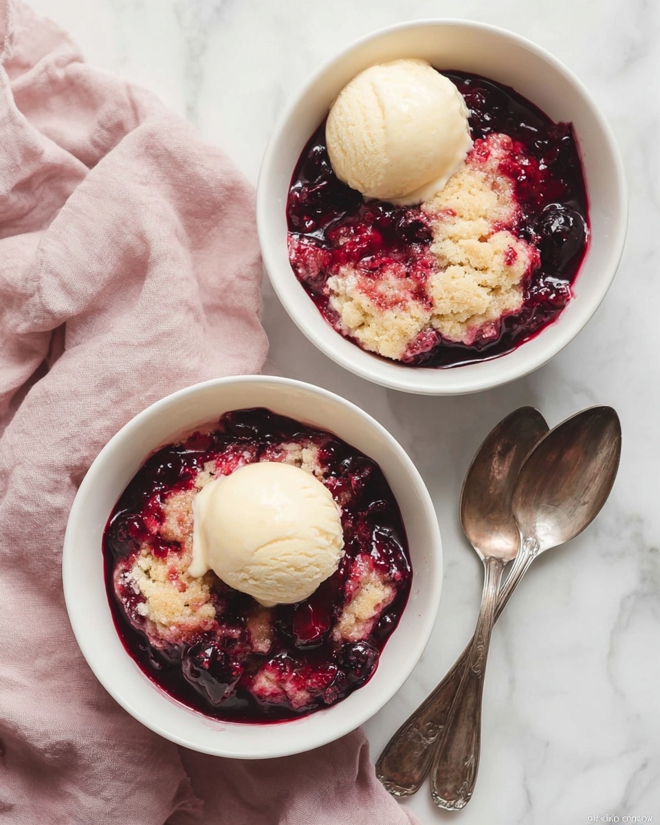 Two white bowls sit on a white marbled surface, each filled with a berry dessert. The dessert has a thick, dark red and purple berry sauce layer with visible whole berries, covering soft, light golden biscuit-like pieces beneath. The sauce looks glossy and slightly chunky, mixing with the crumbly textured biscuits that peek out in patches. Part of a gold-toned spoon and a pink cloth are near the bowls. Photo taken with an iphone --ar 4:5 --v 7