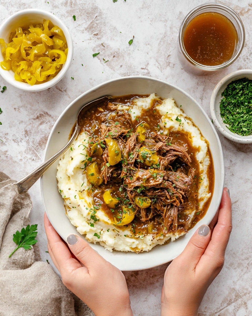 A white bowl holds a dish with two main layers. The bottom layer is creamy mashed potatoes with small bits of red skin showing through, soft and slightly rough in texture, covering most of the bowl. On top, there is shredded brown meat soaked in a rich brown sauce, with whole yellow peppers scattered among the meat. Some chopped green herbs are sprinkled over the top for a fresh touch. The bowl is on a white marbled surface with small bowls of green herbs, sauce, and yellow peppers around, along with a white cloth nearby. Photo taken with an iphone --ar 4:5 --v 7