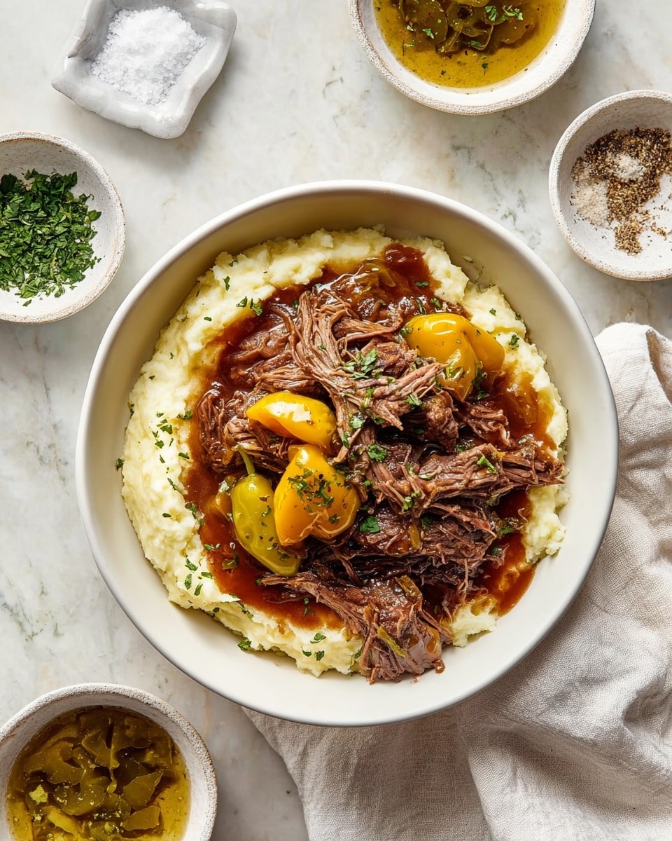 A white bowl holds a dish with two layers: the bottom layer is a creamy, textured mashed potato with visible bits of skin, pale cream in color, spread in a crescent shape on one side of the bowl. On top and partly to the other side sits a layer of shredded brown meat mixed with a rich, golden brown sauce that pools slightly at the bottom. Yellow-green pickled peppers rest on the meat, adding contrast. The dish is garnished with small bits of chopped green herbs and a sprinkle of black pepper on the mashed potatoes. A silver spoon is placed inside the bowl near the meat. A woman's hand holds the bowl on the left and another woman's hand on the right. The bowl sits on a white marbled surface with scattered green parsley leaves and a white cloth near the left hand. Nearby are small white dishes holding halved yellow peppers, chopped green herbs, and some sauce in a clear glass container. photo taken with an iphone --ar 4:5 --v 7