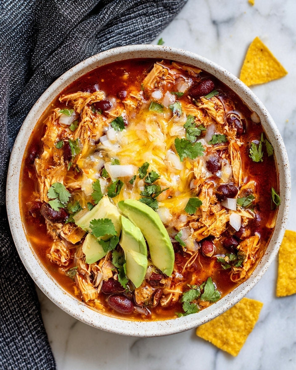 A bowl filled with three visible layers: the first layer is a dark red, liquid chili broth with kidney beans. The second layer has shredded orange-colored cooked chicken mixed with the broth and beans. The third layer is melted yellow and white cheese scattered on top with white chopped onions and fresh green cilantro leaves. Two fan-shaped slices of light green avocado sit on opposite sides inside the bowl. The bowl is a white speckled ceramic, resting on a gray and white striped cloth on a white marbled surface with a few yellow broken tortilla chips scattered around. Photo taken with an iphone --ar 4:5 --v 7