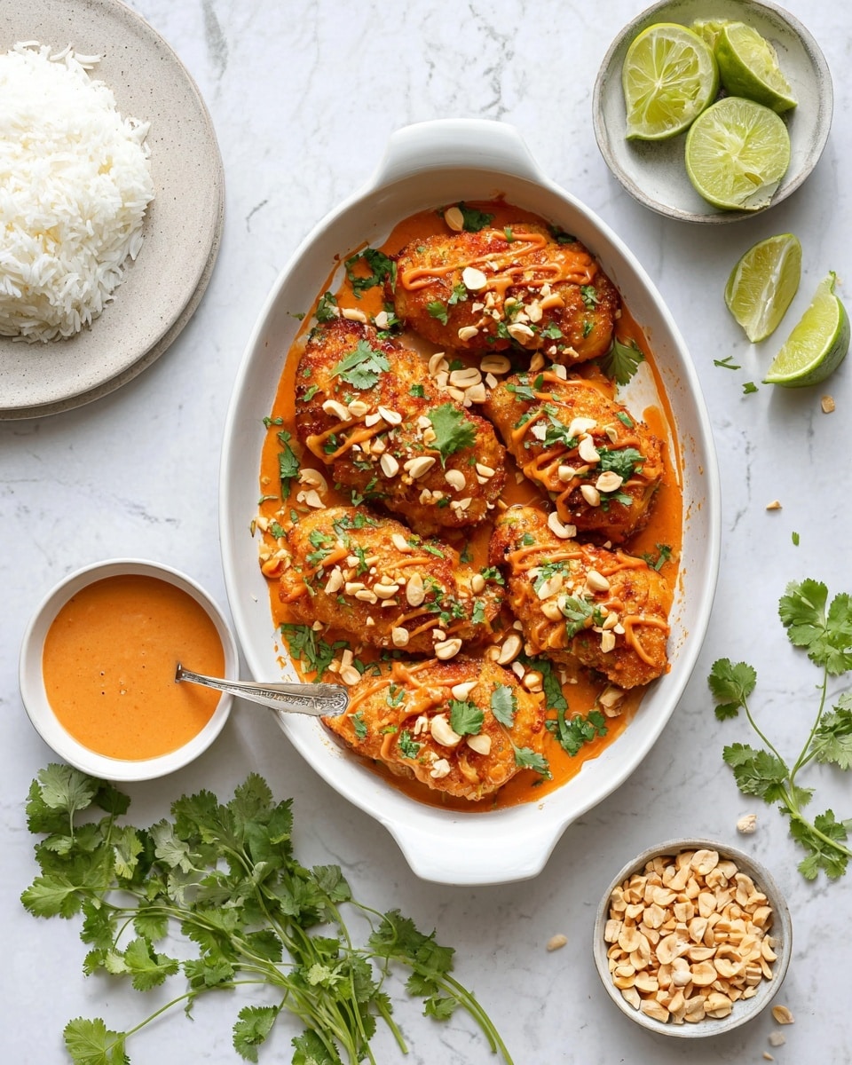The image shows a white oval dish filled with seven pieces of cooked chicken thighs, each coated with a reddish-orange sauce drizzled on top. The chicken pieces have a slightly crispy texture and are garnished with fresh green cilantro leaves and scattered chopped peanuts. Around the dish, on a white marbled surface, there is a small wooden bowl with more reddish-orange sauce and a silver spoon inside it. Nearby, a small white bowl contains lime wedges, and another small white bowl holds chopped peanuts. Fresh cilantro sprigs and whole and halved limes are arranged casually around the scene, adding green accents. Photo taken with an iphone --ar 4:5 --v 7