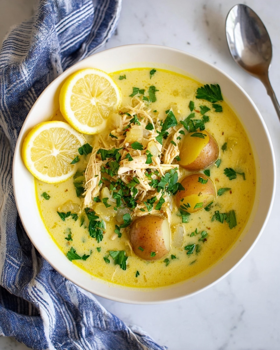 A white bowl filled with three main layers: the bottom layer is a smooth, yellow creamy soup; on top of that sit whole baby potatoes with light brown skin and shredded light yellow chicken pieces mixed together; bright green chopped herbs are sprinkled over all, adding a fresh look; on one side, three thin lemon slices lean against the soup’s edge, each slice showing a pale yellow inside and a white rind; the bowl is placed on a white marbled surface with a silver spoon near the top left and a blue and white striped cloth above it, small lemon wedges and green leaves scattered nearby. photo taken with an iphone --ar 4:5 --v 7
