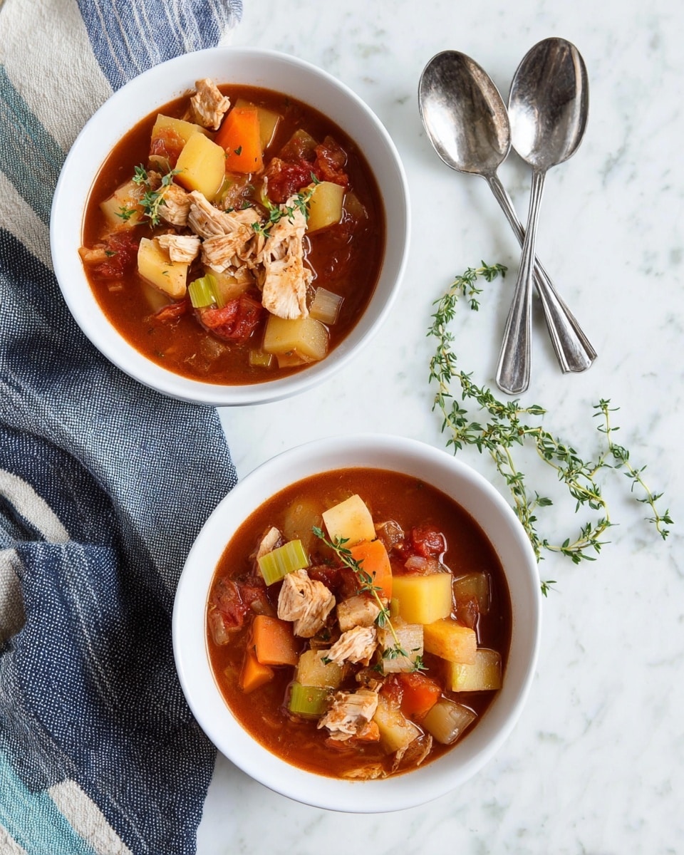 Two white bowls of thick vegetable and chicken soup sit on a white marbled surface. Each bowl is filled with a deep red broth, filled with layers of chunky ingredients including light pink pieces of chicken, pale yellow potato cubes, orange carrot slices, green celery bits, and red tomato chunks. A small green sprig of fresh thyme rests on top of each bowl. Near the bowls, two silver spoons with textured handles lay side by side, and more fresh green thyme sprigs are placed nearby. A cloth with blue, white, and gray stripes is casually draped at the bottom left corner. The photo is taken with an iphone --ar 4:5 --v 7