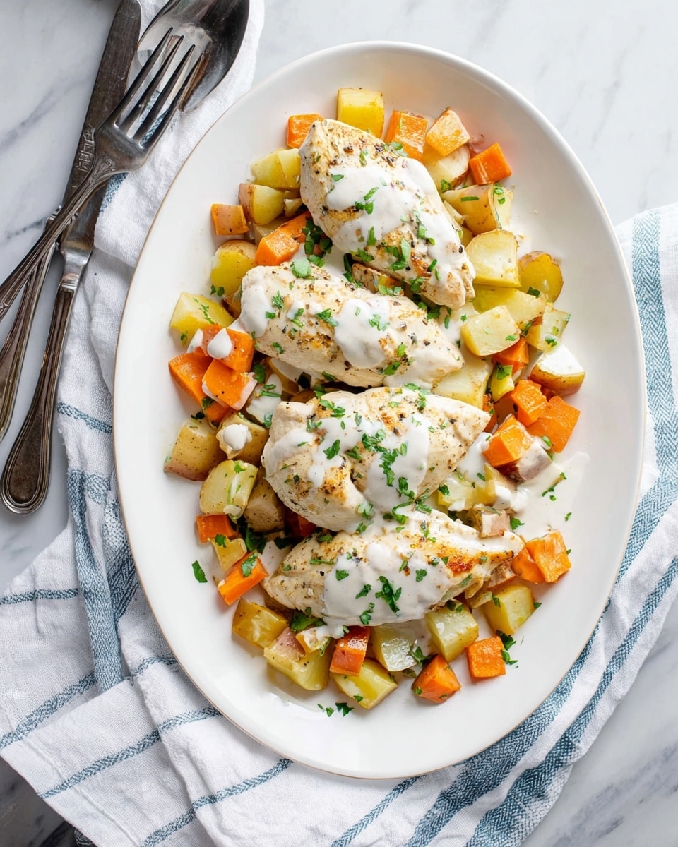 A white oval plate holds a dish with three pieces of light beige cooked chicken arranged in a row on top of two layers of diced vegetables. The bottom layer is a mix of orange and light yellow chunks, likely carrots and potatoes, spread evenly across the plate. The chicken pieces have light seasoning with tiny herb flakes visible and are drizzled with white sauce in thin stripes that run the length of each piece. Small green chive pieces are sprinkled over both the chicken and vegetables, adding a fresh pop of color. The plate sits on a white marbled surface next to a dark blue and white striped cloth, with two shiny silver utensils placed nearby. photo taken with an iphone --ar 4:5 --v 7