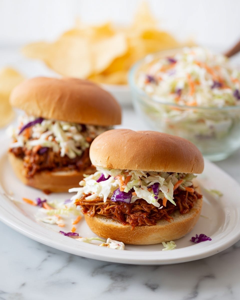 Two sandwiches are placed on a white plate over a white marbled surface. Each sandwich has a soft, round brown bun. The bottom layer is shredded, reddish-brown pulled chicken. On top of the chicken, there is a layer of mixed coleslaw with white, light green, and purple cabbage shreds, plus some orange carrot strips. The top bun sits slightly tilted on the filling. Around the sandwiches, there are some coleslaw pieces scattered on the plate. In the background, a clear glass bowl holds more coleslaw. Photo taken with an iphone --ar 4:5 --v 7