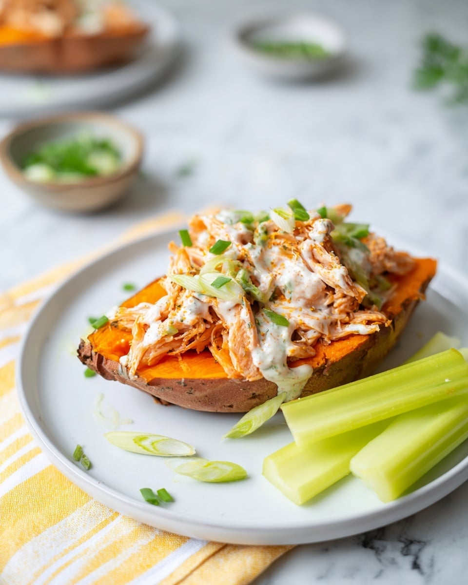 The dish shows a white plate with a piece of orange roasted sweet potato as the base layer. On top, there is shredded light brown chicken meat with a drizzle of white creamy sauce and some orange sauce splashes. The chicken is garnished with small pieces of bright green chives scattered across the plate as well. To the left side of the plate, there are two stalks of pale green celery. The background is a white marbled texture with a soft yellow and white striped cloth underneath the plate. A silver fork rests near the top right edge of the plate. Photo taken with an iphone --ar 4:5 --v 7