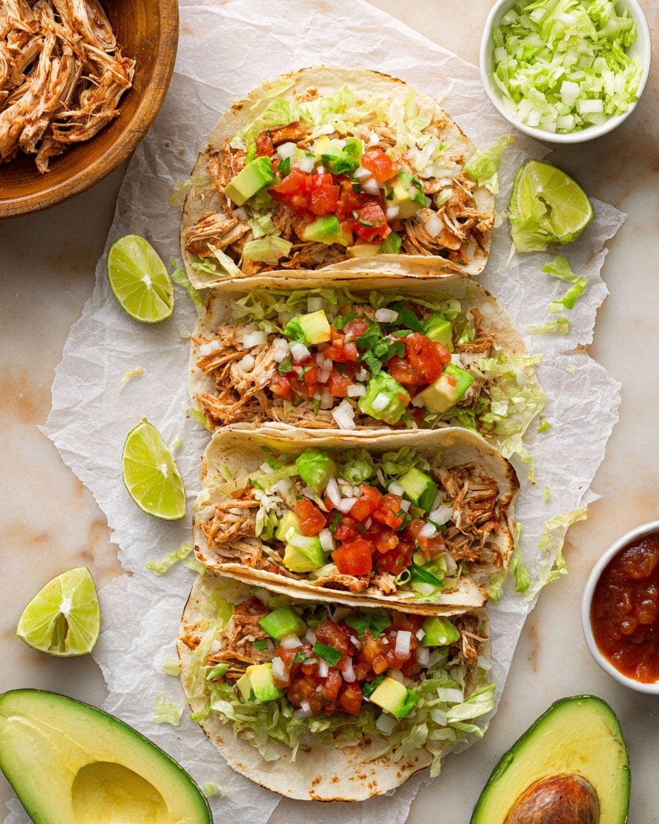 Four soft tortillas lie on white parchment paper over a white marbled surface, each filled with three main visible layers: a base of shredded seasoned chicken that has a light brown, slightly charred texture; a middle layer of chopped fresh green lettuce scattered unevenly; and a top layer of diced red tomatoes, white onions, and vibrant green avocado chunks. Lime wedges and halved avocados are arranged around the tacos, with small white bowls of salsa and onions in the background. photo taken with an iphone --ar 4:5 --v 7