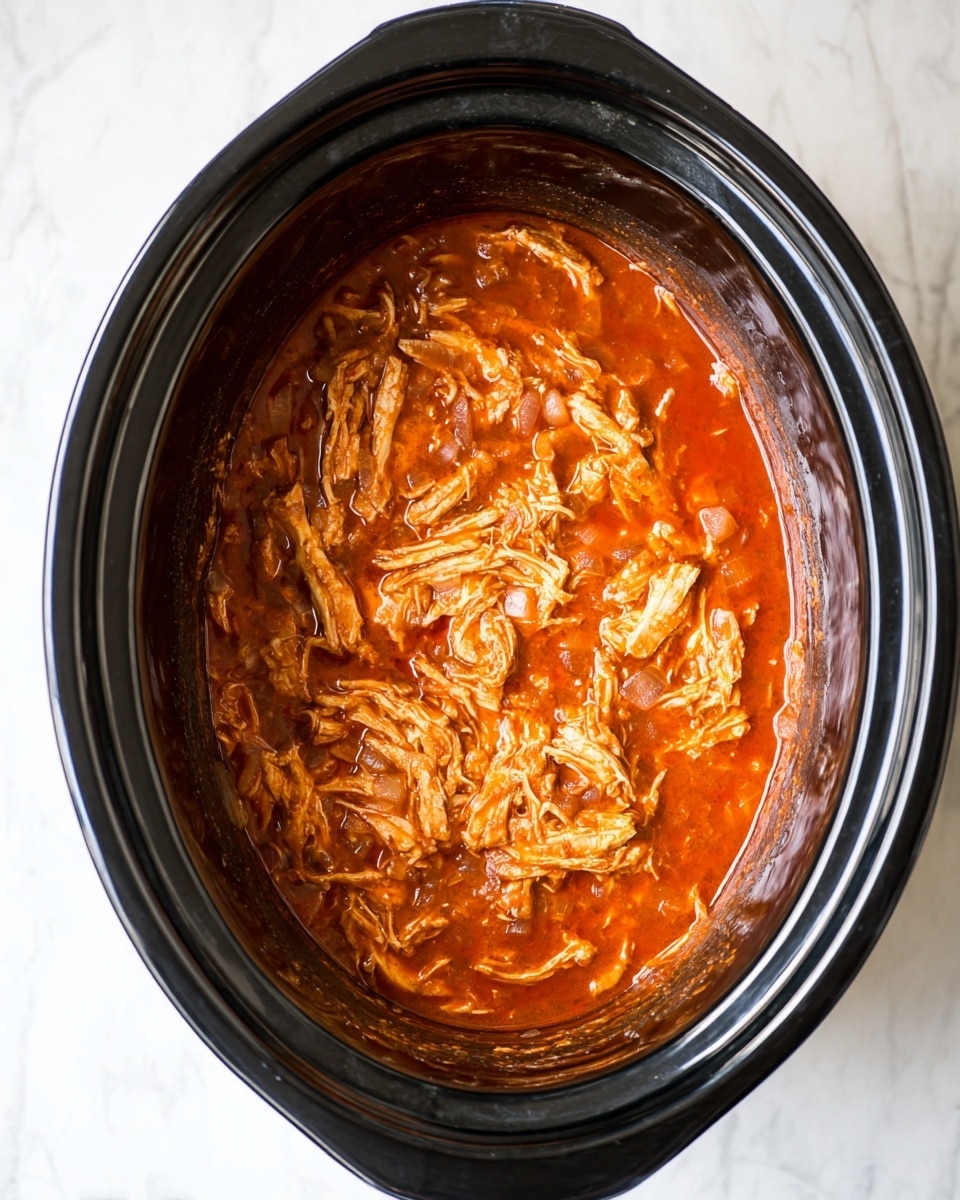Inside a black slow cooker, shredded chicken is mixed with a thick, red tomato-based sauce covering the dish evenly. The chicken pieces are soft and stringy with visible layers of sauce soaking around them. The inside of the cooker is shiny and smooth, reflecting the rich orange-red color of the sauce. The cooker rests on a white marbled surface photo taken with an iphone --ar 4:5 --v 7
