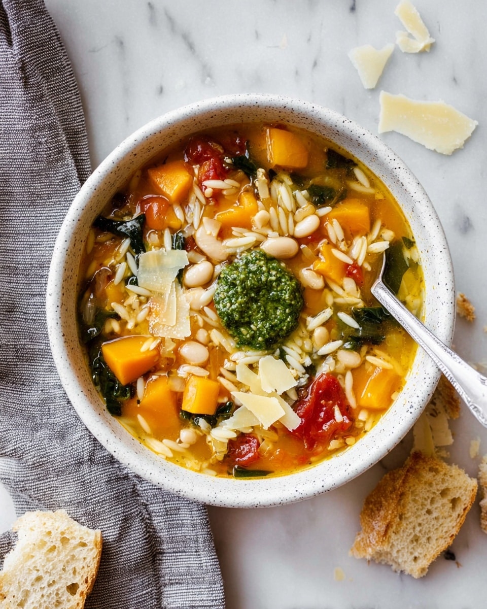 A white bowl filled with a thick soup showing layers of small orzo pasta pieces, golden orange chunks of squash, white beans, and dark green leafy kale in a light orange broth. On top, there are thin shavings of pale cheese and a dollop of bright green pesto. The bowl sits on a white and dark gray striped cloth on a white marbled surface, with some torn brown bread pieces scattered nearby and a silver spoon resting on the right side of the bowl. photo taken with an iphone --ar 4:5 --v 7
