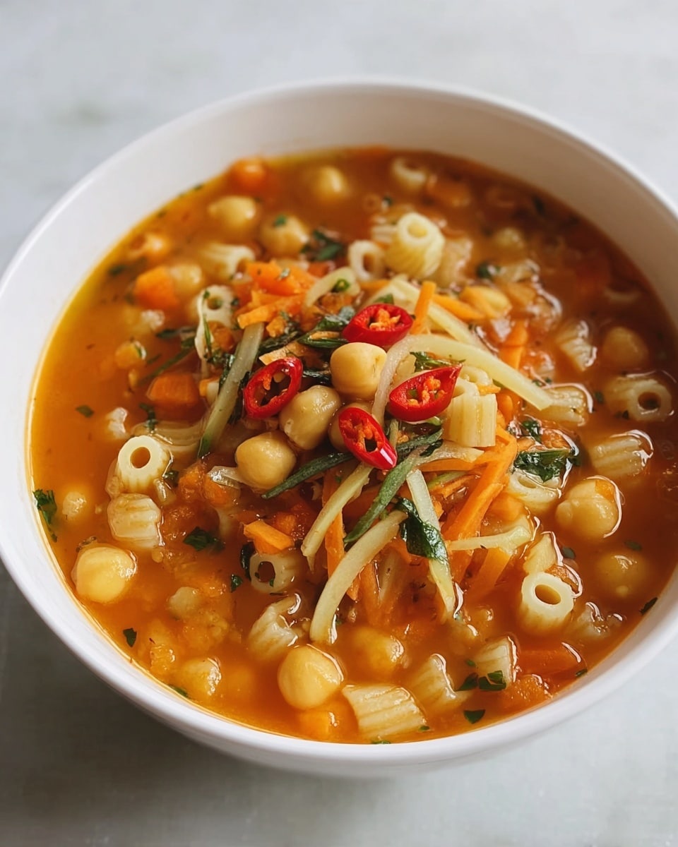 A white bowl filled with a thick, orange soup that has a mix of small round chickpeas, short tube-shaped pasta, thin green herb strips, and small orange carrot pieces. On top, there are several small red chili slices adding a pop of color. The bowl is placed on a white marbled surface. The soup looks warm and hearty with visible textures from the chickpeas and vegetables. photo taken with an iphone --ar 4:5 --v 7