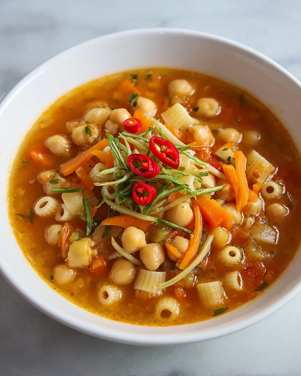 The image shows a bowl of thick soup with several visible layers of ingredients. The base layer is a rich, orange broth filling most of the white bowl. Floating on top are pale beige chickpeas, small hollow pasta pieces, and thin shreds of orange carrot. Green herb sprigs and small slices of bright red chili pepper rest on the surface, adding color contrast. The bowl sits on a white marbled surface, and the photo is clear with natural lighting highlighting the textures of each ingredient. photo taken with an iphone --ar 4:5 --v 7
