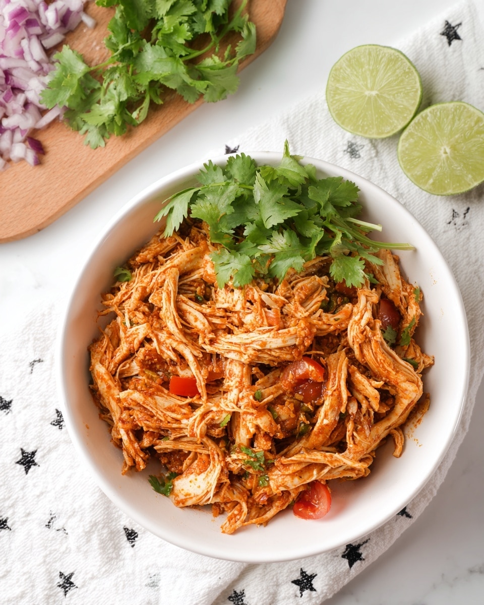 The image shows a white bowl filled with shredded cooked chicken mixed with small pieces of red and green vegetables and sauce, giving it a reddish-brown and textured look. On top of the chicken, there is a small bunch of fresh green cilantro leaves placed toward the right side. The bowl sits on a white cloth with a black star pattern. To the upper left of the bowl, there is a wooden cutting board on a white marbled surface. On the board, there are fresh green lime wedges, a thick round lime slice, chopped red onions, and more cilantro leaves. The overall colors are warm and fresh with natural lighting. Photo taken with an iphone --ar 4:5 --v 7