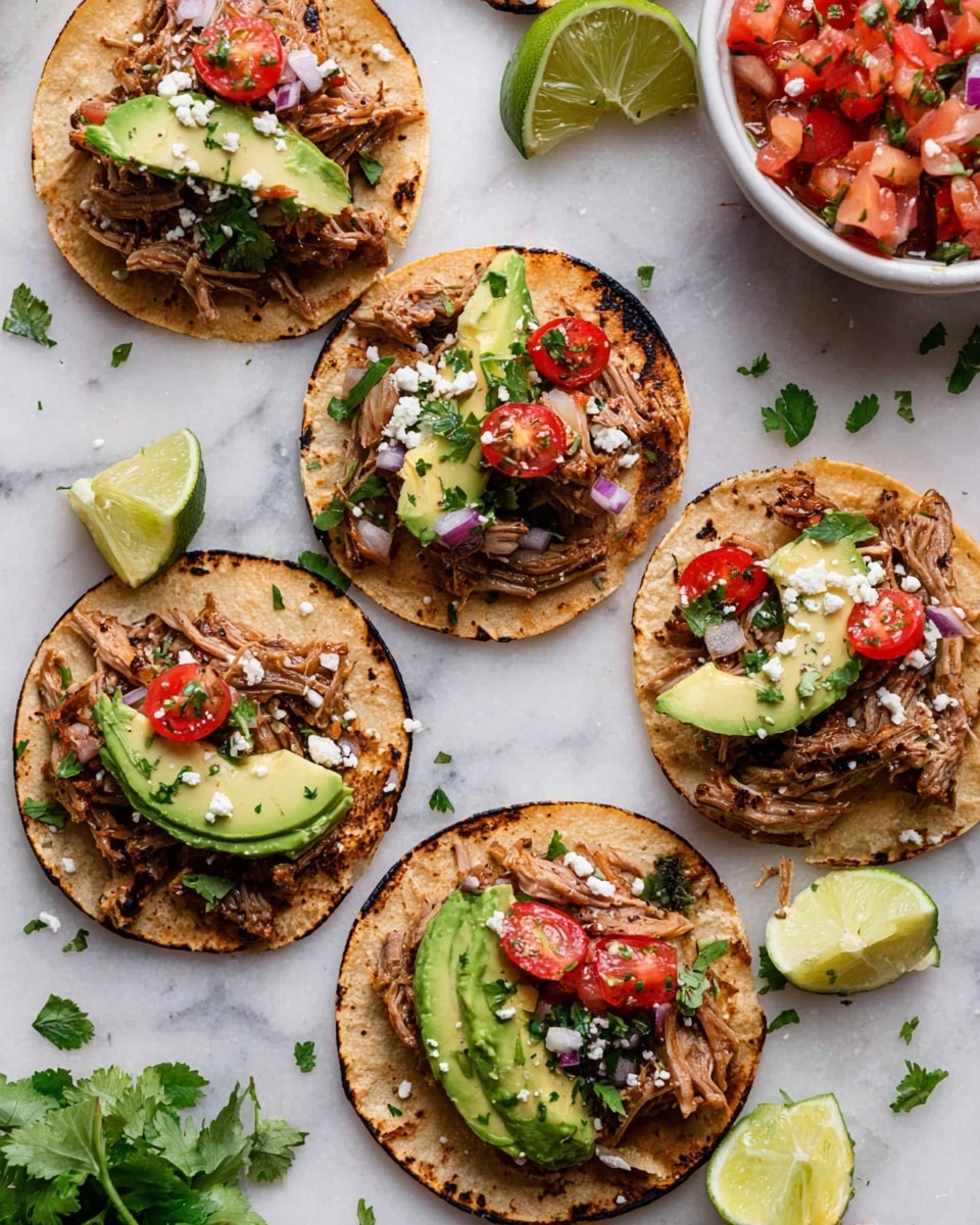 Five small toasted corn tortillas each hold a layer of shredded cooked meat with a reddish-brown color, topped with chopped red onion and fresh green cilantro. Each taco also has a thick slice of bright green avocado placed on one side, and some have halved small red cherry tomatoes. White crumbly cheese is sprinkled lightly on top. The tacos are arranged on a white marbled surface along with scattered cilantro leaves and lime wedges. A bowl with diced tomatoes and onions is partially visible at the top right, and part of a white and blue striped cloth napkin is seen at the bottom left. photo taken with an iphone --ar 4:5 --v 7