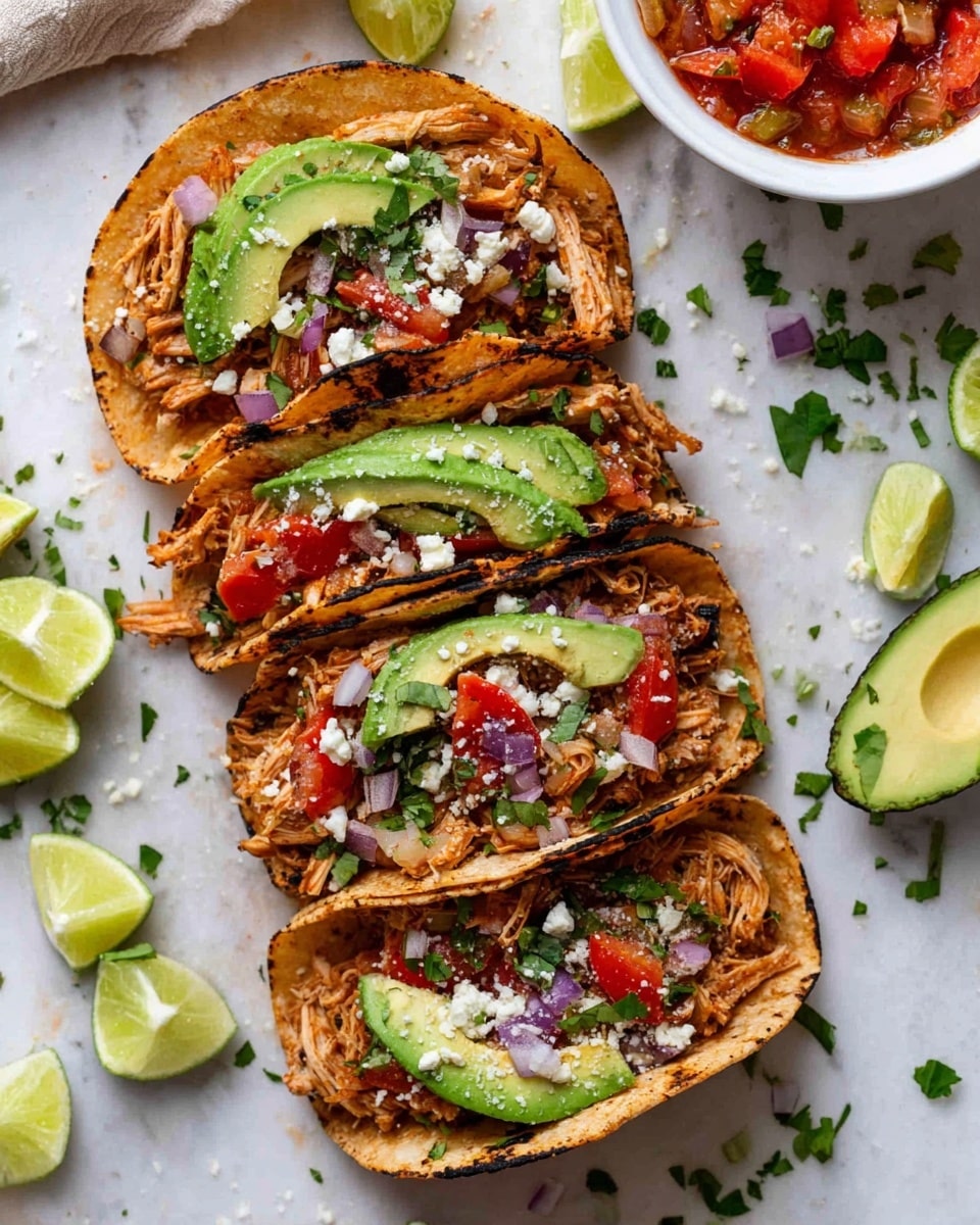 Four tacos are arranged closely on a white marbled surface. Each taco has a soft, slightly charred tortilla shell folded in half, forming a pocket. Inside, layers from bottom to top show a smooth, light green avocado slice along one side, followed by shredded, reddish-brown cooked meat filling most of the space. On top, halved bright red cherry tomatoes add a fresh pop of color, scattered with small pieces of diced purple onion and green cilantro leaves. White crumbly cheese is sprinkled over everything, adding texture contrast. Around the tacos, lime wedges and chopped cilantro leaves are casually placed for decoration. A bowl of fresh tomato-based salsa with red and green colors is partially visible in the upper right corner. The photo taken with an iphone --ar 4:5 --v 7