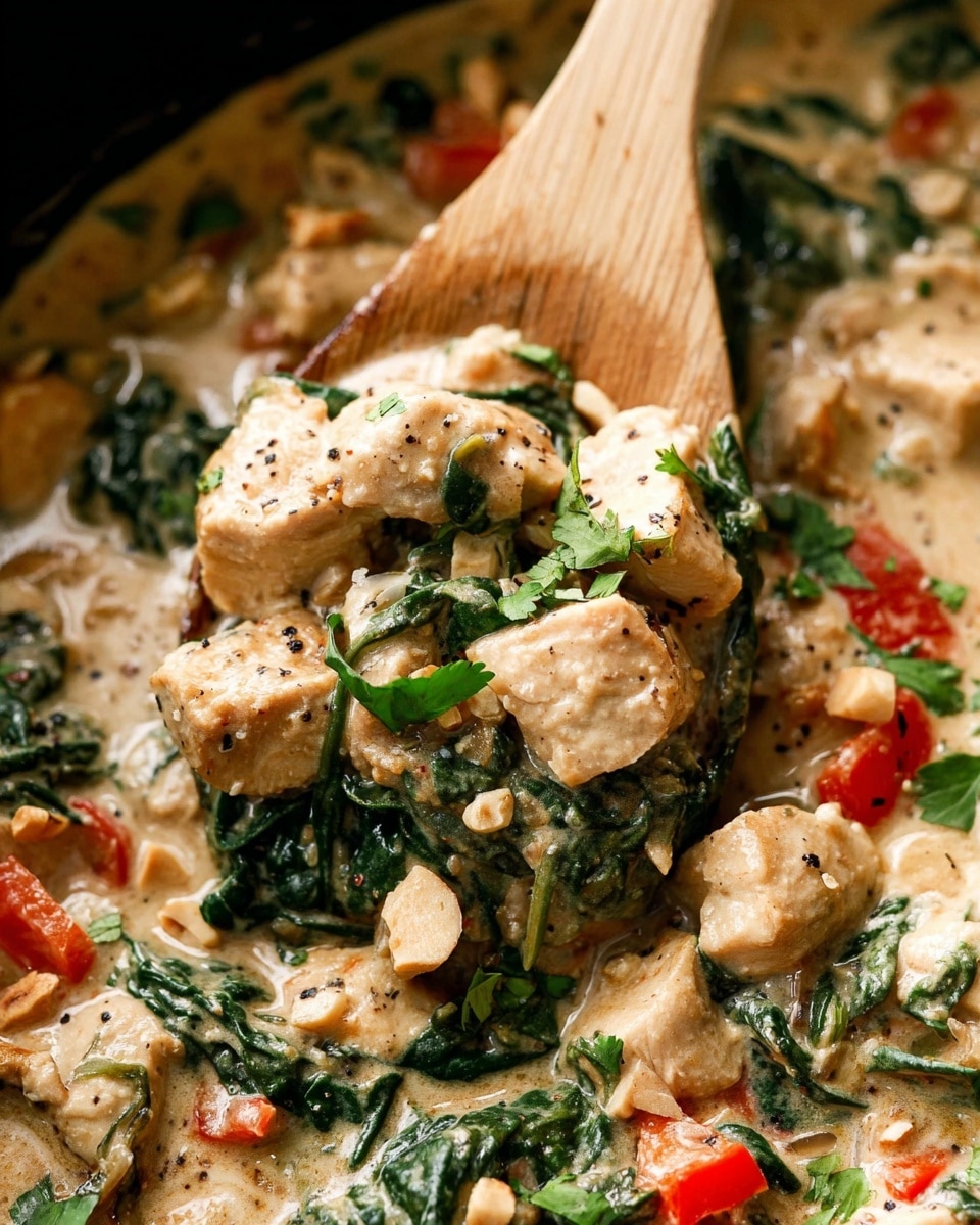 The image shows a creamy soup with several layers visible in a white marbled bowl. The bottom layer is a light beige creamy broth with specks of black pepper. Floating in the broth are medium-sized light brown pieces of cooked chicken, bright green spinach leaves, and small chunks of red tomatoes scattered around. On top, chopped light brown nuts and fresh green herbs add texture and color contrast. A black ladle with a wooden handle is lifting a piece of chicken garnished with herbs from the soup. Photo taken with an iphone --ar 4:5 --v 7