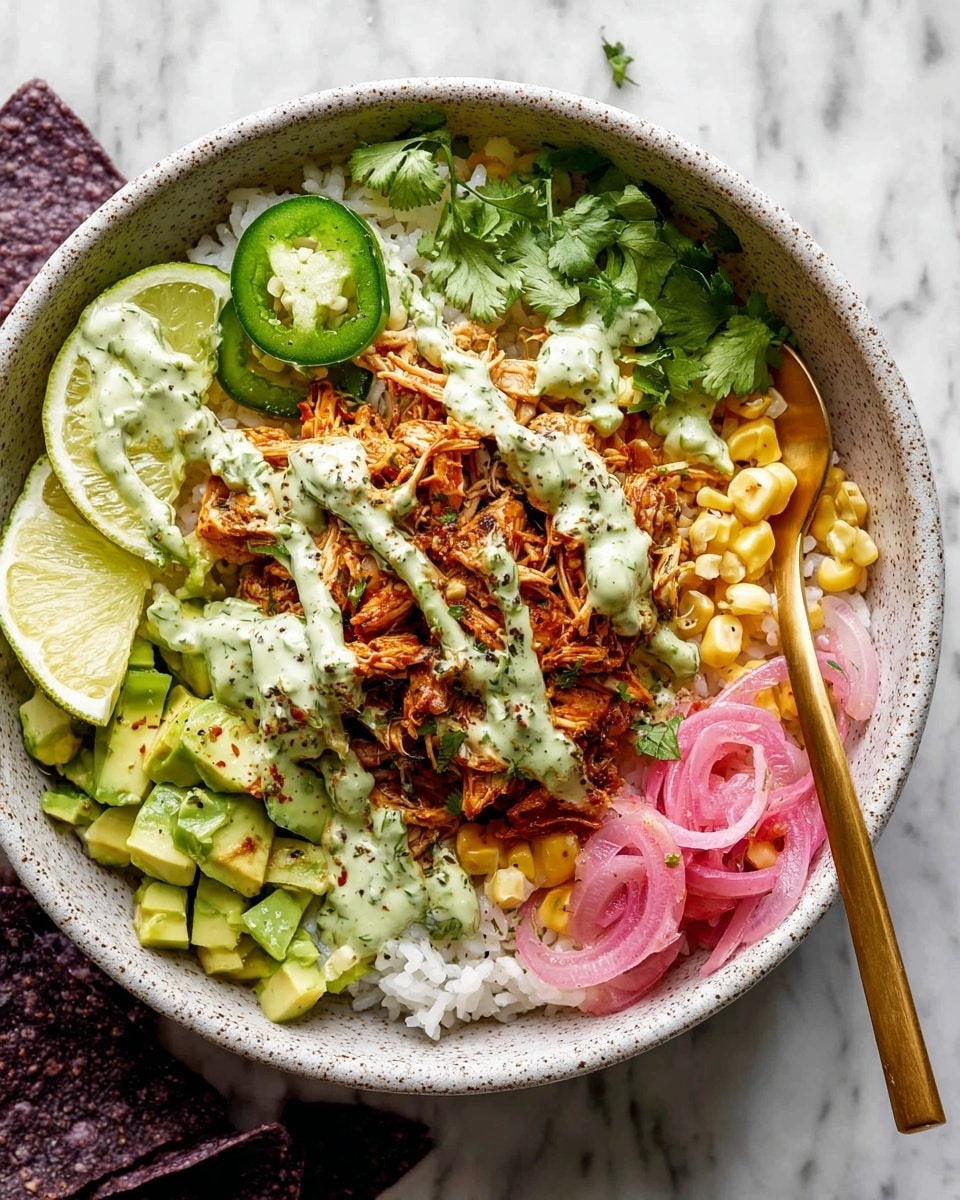 The dish is served in a white speckled bowl filled with white rice as the base layer. On top, there are several separated layers: diced green avocado on one side, sliced green jalapeños next to it, finely sliced pink pickled onions on another side, and a central mound of shredded orange seasoned chicken mixed with yellow corn kernels. The chicken is drizzled with a light green creamy sauce. Two lime wedges and green cilantro leaves are placed near the front edge of the bowl. A gold fork is inserted on the right side into the chicken. The bowl sits on a white marbled surface with blue corn chips and a small white bowl of pink pickled onions nearby. Photo taken with an iphone --ar 4:5 --v 7