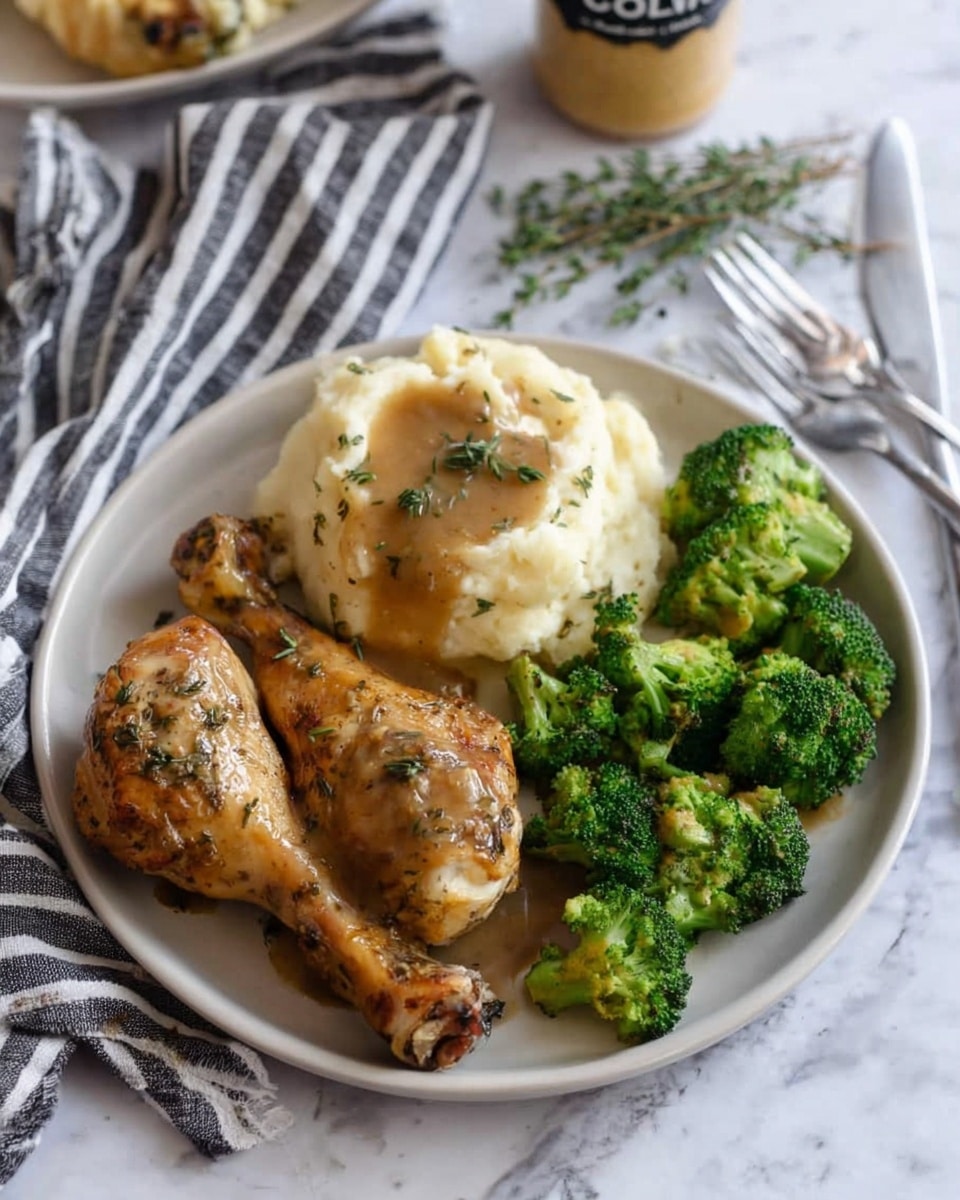 A dark round plate sits on a white marbled surface, holding three main parts. On the top left of the plate, there is a mound of creamy light yellow mashed potatoes with a well in the middle filled with light brown gravy, and a small green herb on top. To the bottom left, there are two cooked chicken drumsticks with a shiny brown sauce and small green herb pieces scattered on them. On the right side, a pile of bright green broccoli with some slight browning is placed. Nearby, a silver fork with a black handle rests on the white marbled surface. In the background, a striped cloth is partially visible on the left side and a white bowl filled with more chicken drumsticks appears blurred. A jar labeled
