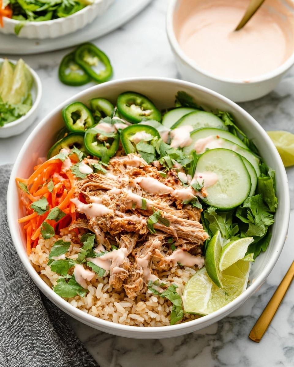 A white bowl sits on a white marbled surface, filled with four main layers. At the bottom is a grain base, light brown in color and rough-textured. On top of that is shredded cooked meat, beige-brown and fibrous, piled in the center. Surrounding the meat are thin, bright orange carrot strips and a few slices of light green cucumber with detailed seeds. There are green jalapeño slices and fresh green cilantro leaves scattered on the side. A creamy, light pink sauce with small red flecks is being poured onto the meat with a gold spoon. photo taken with an iphone --ar 4:5 --v 7