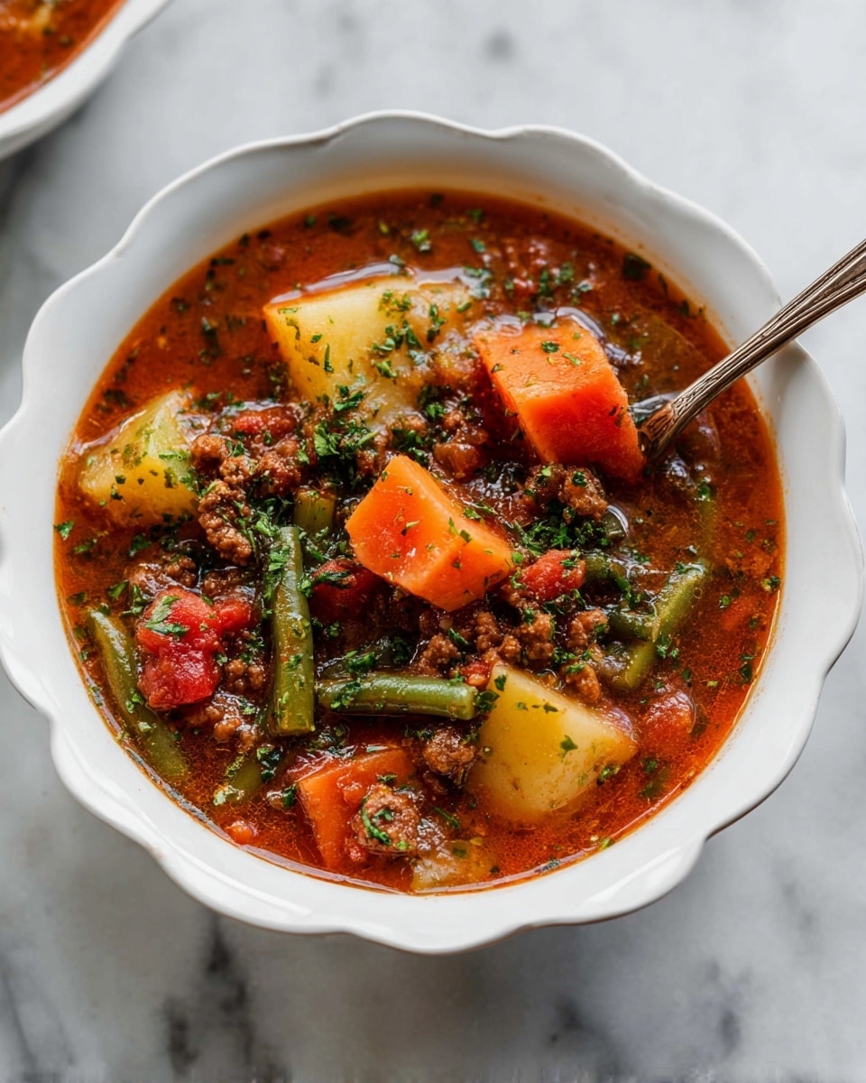 A white bowl filled with a chunky vegetable and meat soup. The soup has several layers of colors and textures: orange carrot cubes, pale yellow potato pieces, green beans cut into segments, small browned ground meat bits, and a tomato-based broth with visible herbs and small vegetable chunks. Black pepper and green herb sprinkles top the soup, adding texture and contrast. A copper-colored spoon is placed inside the bowl, resting on the soup surface. The bowl sits on a white marbled surface with another white bowl partially visible in the corner. Photo taken with an iphone --ar 4:5 --v 7