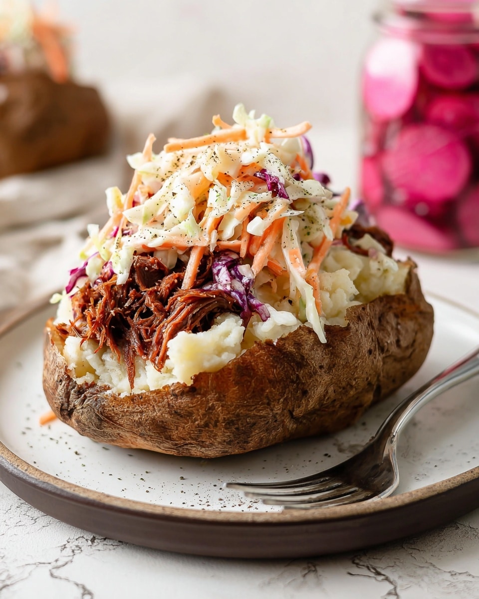 A white speckled plate holds a baked potato with skin on the bottom layer, fluffy white potato filling forming the second layer, and a thick layer of dark brown shredded meat covering the top. On the meat, thin rings of bright pink pickled onions are scattered, sprinkled with fresh chopped green parsley and black pepper. Next to the potato on the plate is a small pile of creamy coleslaw with shredded carrots, white cabbage, and purple cabbage mixed in, also garnished lightly with parsley and black pepper. The surface under the plate is a white marbled texture. Photo taken with an iphone --ar 4:5 --v 7