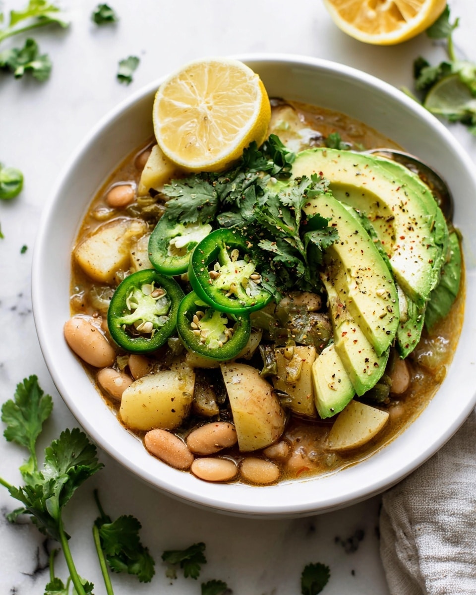 A white bowl filled with a layered dish starting with a base of cooked small white beans mixed with soft potato chunks in a light sauce. On top, there are fresh green sliced jalapeño rings, diced avocado pieces, and chopped fresh green cilantro leaves. A wedge of lemon with some black pepper is placed on the side of the bowl. The dish sits on a white marbled surface with scattered cilantro leaves and a sliced lemon nearby. photo taken with an iphone --ar 4:5 --v 7
