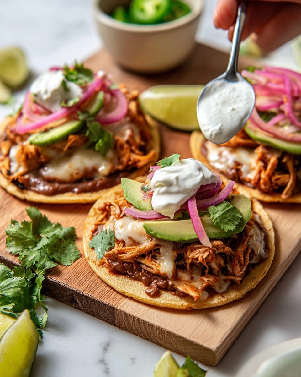 The image shows three small tacos on a wooden board, each with three main layers. The base layer is a small white corn tortilla. On top is a layer of shredded cooked chicken mixed with melted yellow cheese. The final layer includes sliced green avocado, thin pink pickled onions, fresh green cilantro leaves, and small white crumbles of cheese. A spoon held by a woman's hand is adding a dollop of smooth white sauce on the first taco. There are lime wedges and some green herbs scattered around on a white marbled surface, with a glass of drink with lime slices nearby. photo taken with an iphone --ar 4:5 --v 7