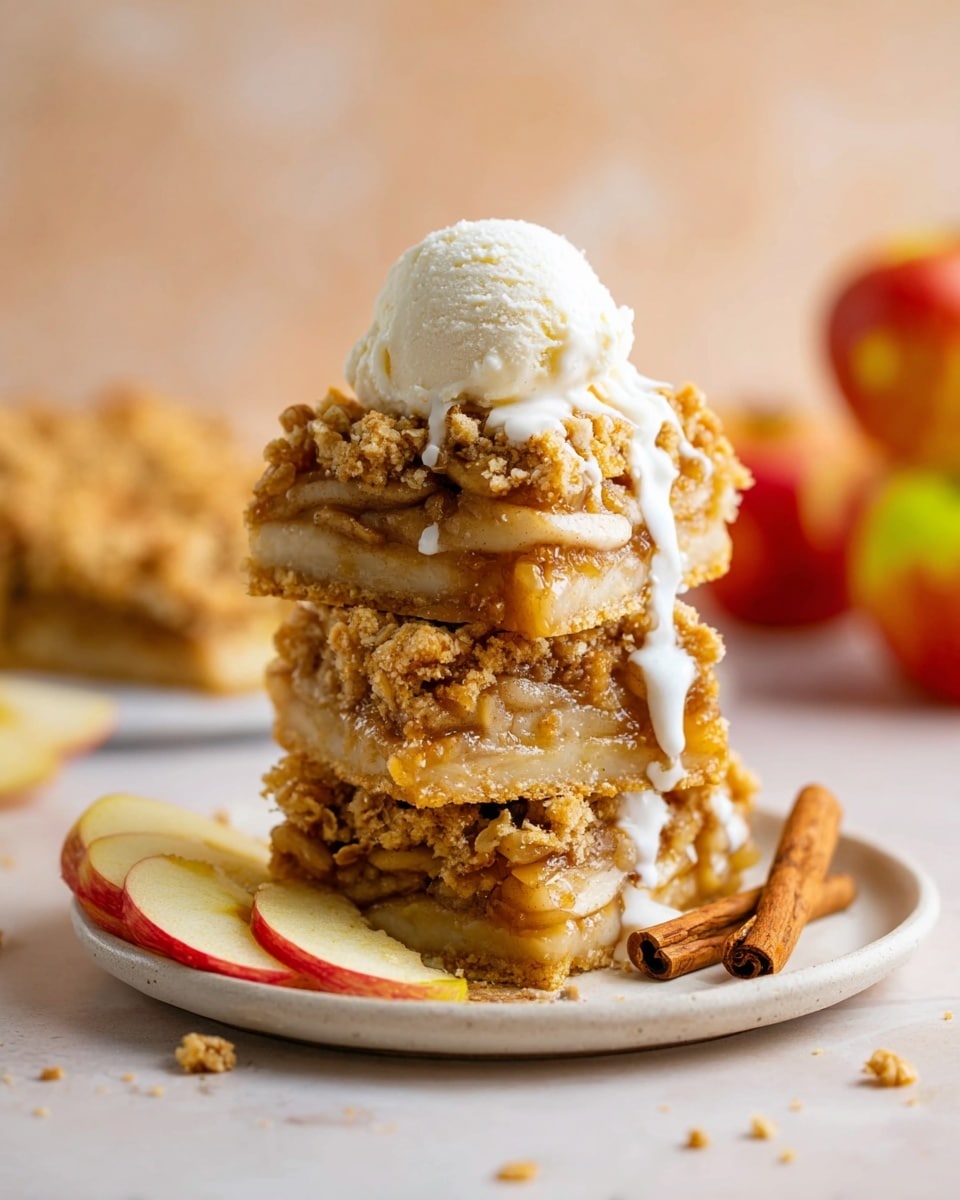 The image shows two thick square layers of apple crumble stacked on a small white plate placed on a white marbled surface. Each crumble layer is golden brown with visible oat and nut pieces, and soft baked apple slices inside. A scoop of creamy white vanilla ice cream sits on top of the stack, with caramel sauce being poured over it, dripping down the sides creating shiny golden streaks. Around the plate, there are scattered crumbs, a cinnamon stick, and slices of red and green apple. In the background, some blurred whole apples are visible. Photo taken with an iphone --ar 4:5 --v 7