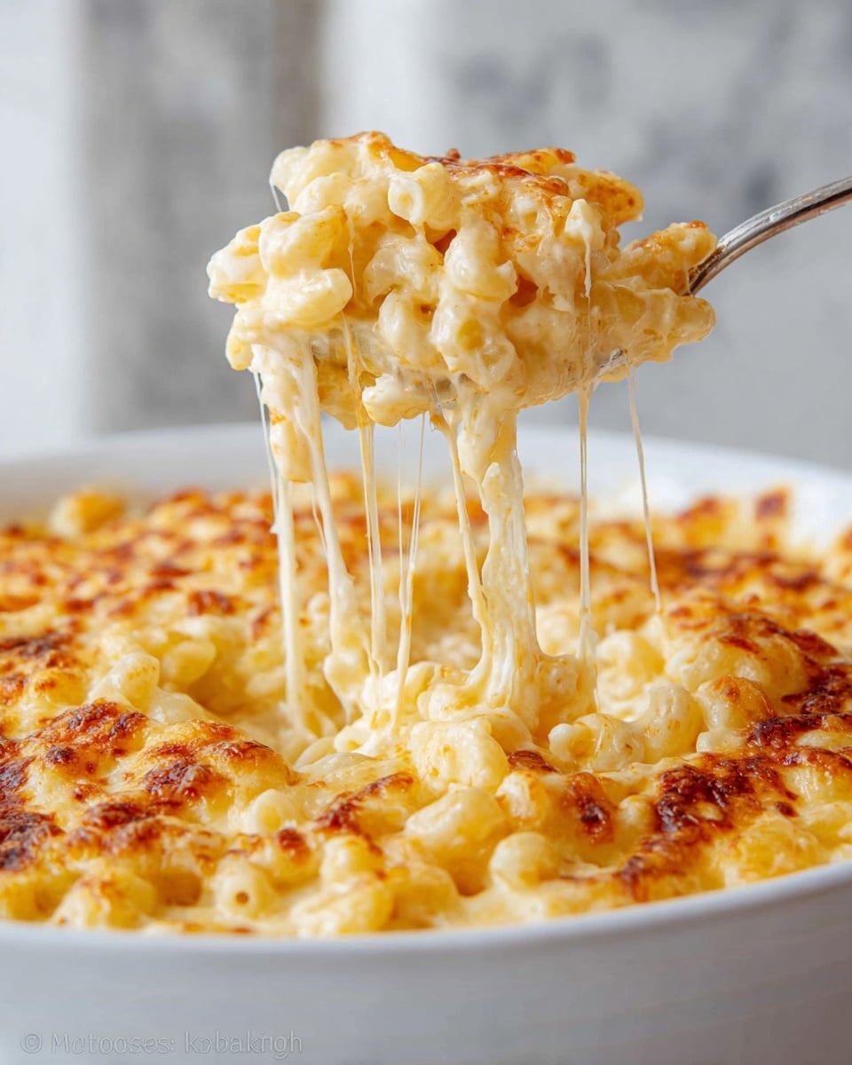 The image shows a top view of several glass bowls and small colorful bowls arranged neatly on a white marbled surface. There are two larger glass bowls with shredded cheese: one filled with bright orange shredded cheddar cheese at the bottom center, and the other with white shredded cheese positioned to the right. At the top right, there is a large clear glass measuring cup filled with white milk, and below it a smaller glass measuring cup also filled with milk or cream. To the left side, there is a bright blue and yellow box of elbow pasta. Around these main items, four small bowls hold various spices and powders in colors of red, light brown, beige, and yellow, and a small glass bowl contains several cubes of pale yellow butter. An orange spoon rests near the middle, filled with white powder. photo taken with an iphone --ar 4:5 --v 7
