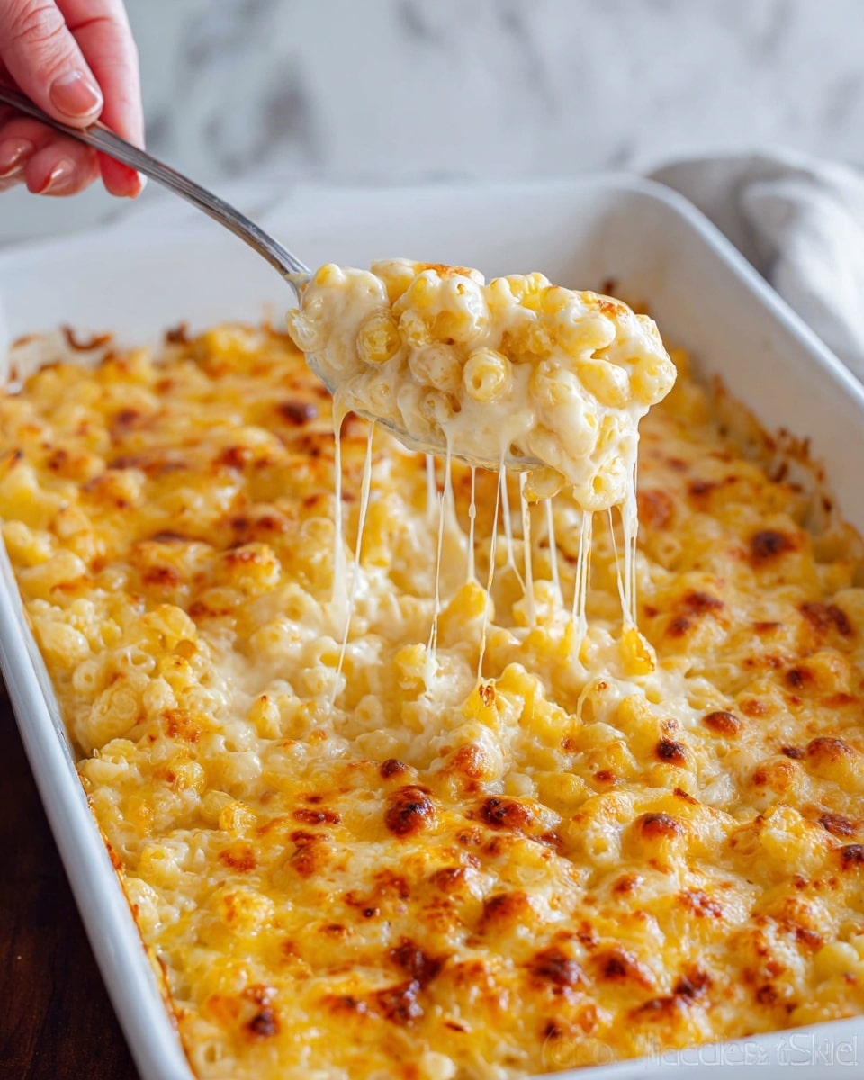 A close-up of a white dish filled with three layers of cheesy macaroni. The bottom layer is creamy and pale yellow macaroni with soft curves, the middle layer is a thick stretch of melted cheese and creamy sauce in light yellow with golden brown spots on top that look bubbly and slightly toasted. A spoon lifts a portion from the dish, showing cheese strands stretching between the spoon and the macaroni below. The dish sits on a white marbled surface. Photo taken with an iphone --ar 4:5 --v 7