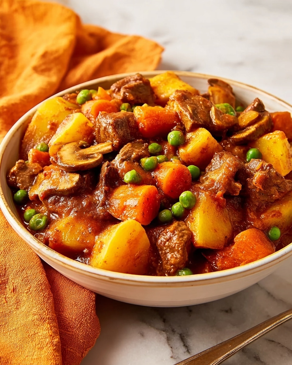 The image shows various ingredients arranged neatly on a white marbled surface. There are nine clear glass bowls containing different items: bright orange carrot sticks, thin white onion slices, fresh white and brown mushroom slices, vibrant green peas, and light yellow potato chunks soaked in water. One bowl holds raw, cubed red meat. Smaller glass containers hold dried herbs and spices with colors like deep red chili flakes, dried green herbs, and green bay leaves. A small glass cup contains a golden yellow liquid, possibly oil, and a small jar holds a rich red paste or sauce. Finally, a dark brown seasoning container is also visible. Everything is set in a clean, well-lit space for easy viewing, photo taken with an iphone --ar 4:5 --v 7