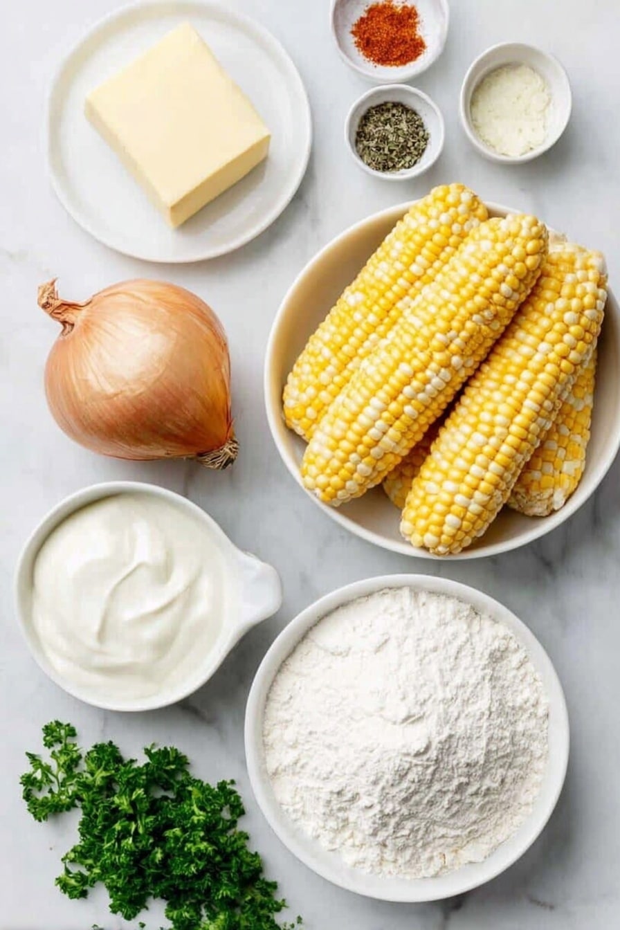 Flat lay of a small pat of unsalted butter, one large shallot whole with papery skin, two whole uncracked garlic cloves, a simple white ceramic bowl filled with fresh bright yellow sweet corn kernels, a small white bowl holding heavy cream, a small white bowl with granulated sugar, a small white bowl with kosher salt, a small white bowl containing black peppercorns, another small white bowl with cayenne powder, a small white bowl filled with whole milk, a small white bowl with all purpose flour, a small white bowl heaped with grated parmesan cheese, and a few sprigs of fresh chopped parsley on a simple white ceramic plate, all ingredients fresh and natural, arranged in perfect symmetry and balance, placed on a clean white marble surface, soft natural light, photo taken with an iPhone, professional food photography style, fresh ingredients, white ceramic bowls, no bottles, no duplicates, no utensils, no packaging --ar 2:3 --v 7 --p awthu7i m7354615311229779997 - Creamed Corn with Parmesan, Creamed Corn with Parmesan, cheesy creamed corn, creamy corn side dish, Parmesan corn recipe