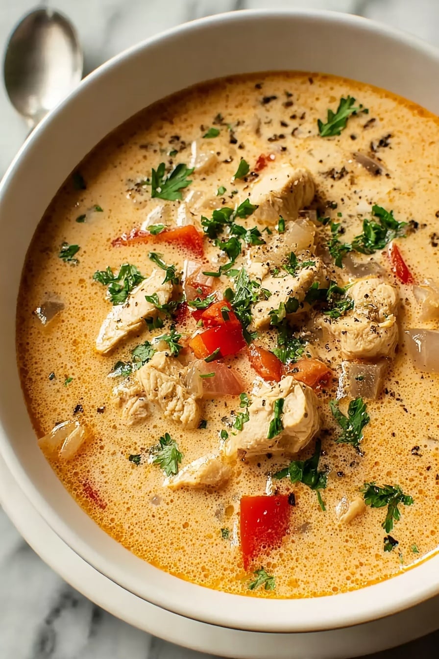 A white bowl is filled with a creamy soup that has a light orange color. Inside the soup, there are several pieces of light brown chicken, small slices of red bell pepper, and bits of translucent onion. The surface is sprinkled with fresh chopped green herbs, likely parsley, and some black pepper. The soup looks thick and smooth with visible small chunks floating throughout. The bowl sits on a white marbled surface. photo taken with an iphone --ar 2:3 --v 7 - Creamy Cajun Chicken Soup, Cajun Chicken Soup, Creamy Soup Recipes, Easy Cajun Soup, Comforting Chicken Soup